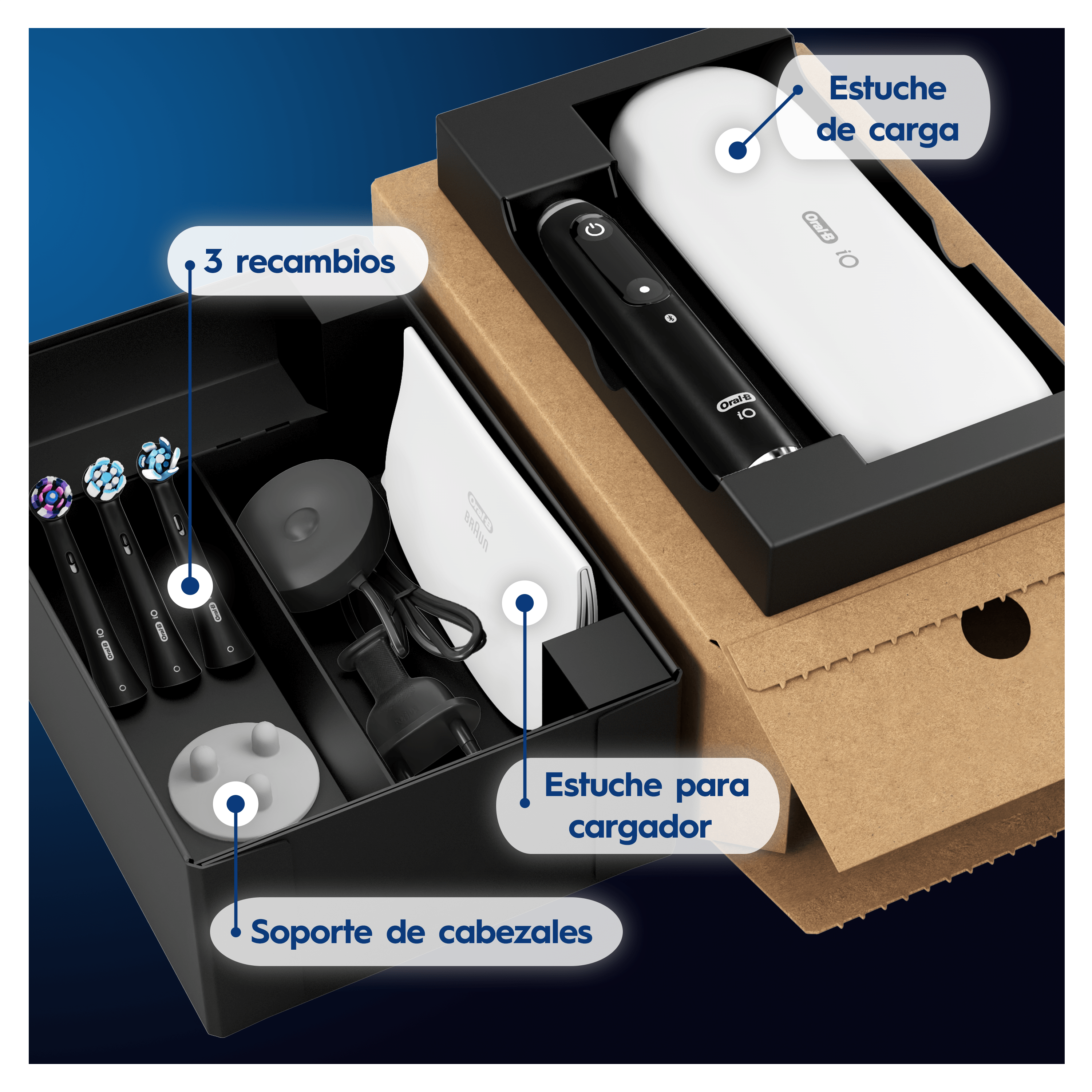 Oral-B iO 9 Pack de Cepillo Eléctrico Negro con 3 cabezales y cargador de viaje blanco