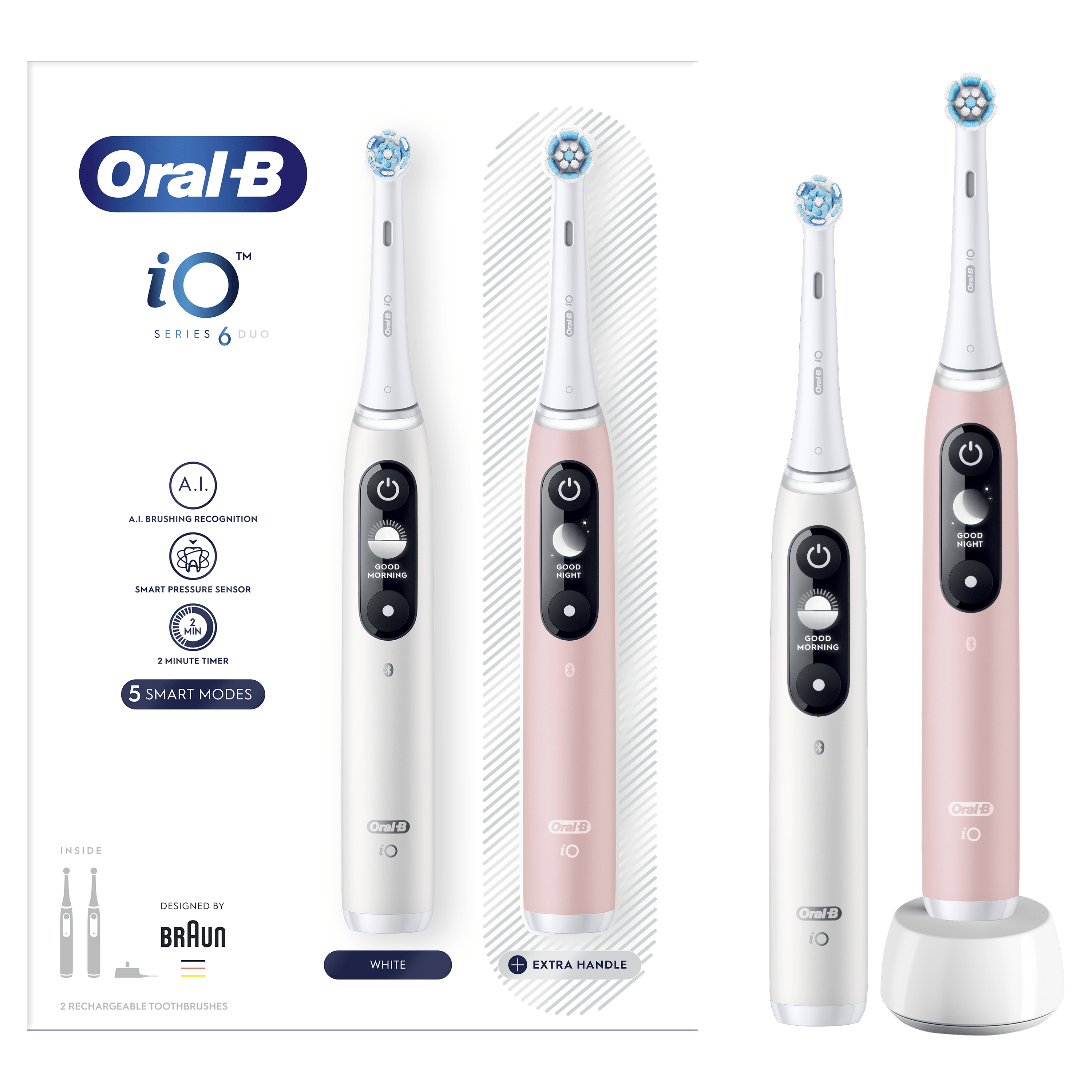 Oral-B iO6 Pack Dúo de Cepillos Eléctricos Blanco y Rosa con 3 cabezales