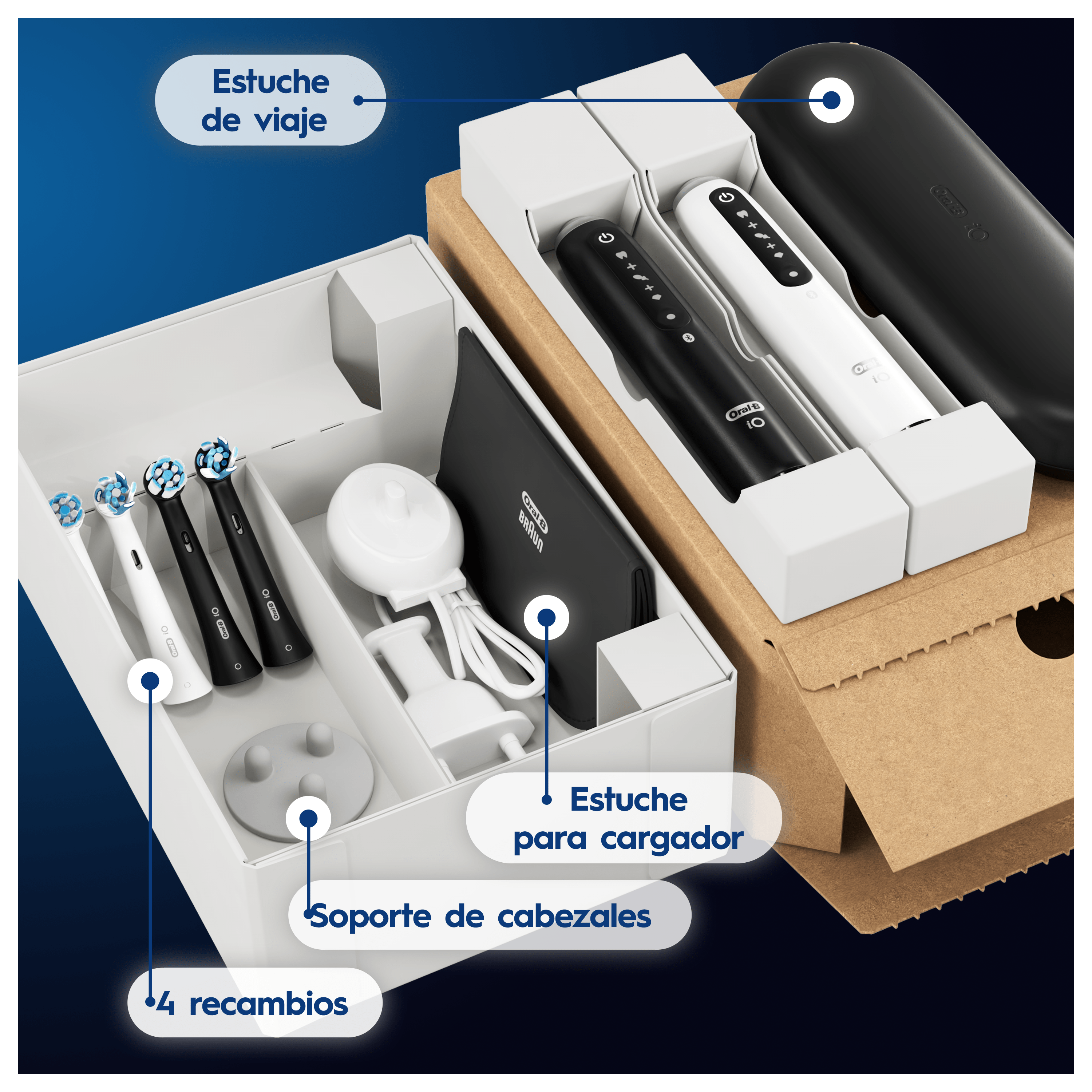 Oral-B iO 5 Pack Doble de Cepillos Eléctricos Blanco y Negro con 4+5 cabezales y estuche de viaje