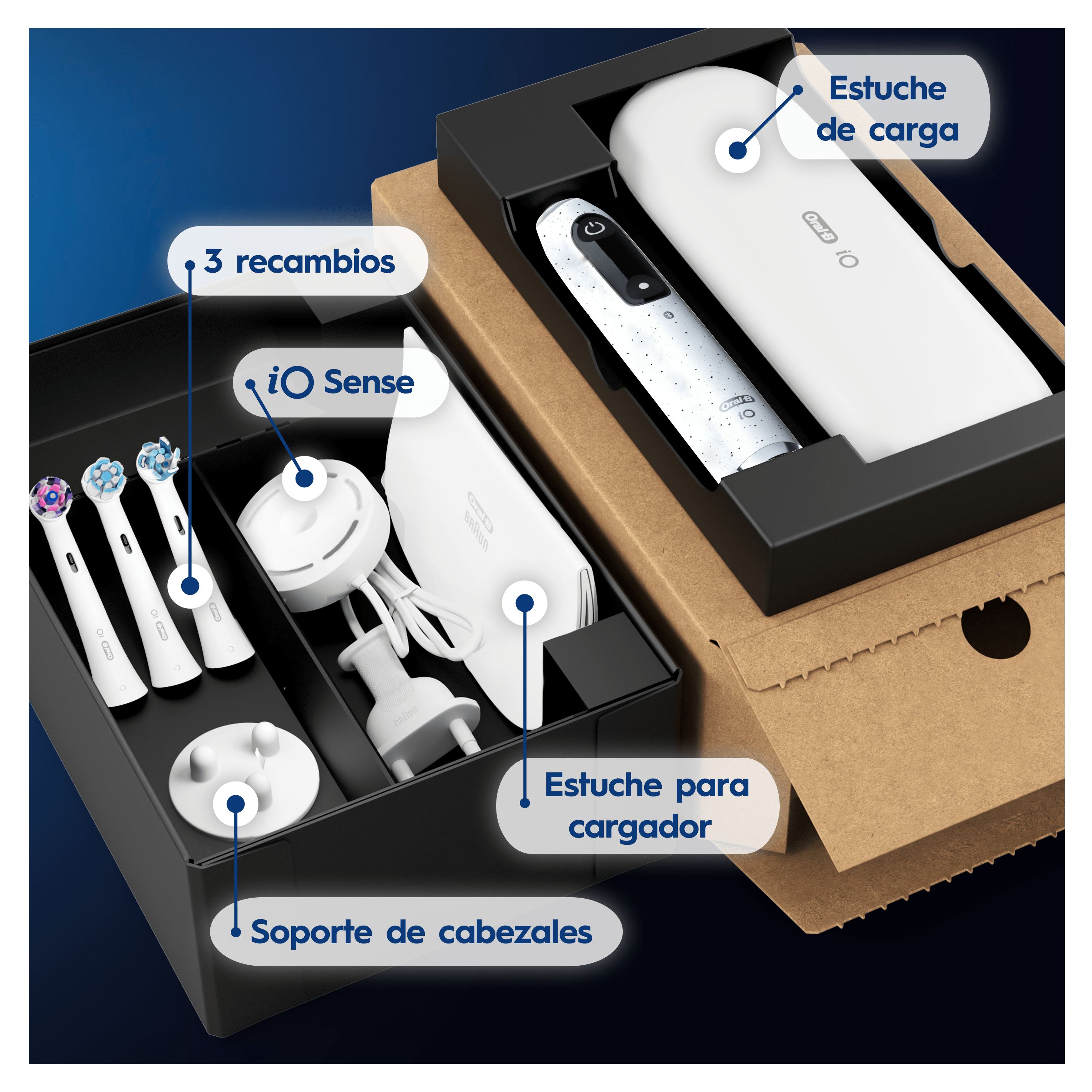 Oral-B iO 10 Pack de Cepillo Eléctrico Blanco con 3 cabezales y cargador de viaje