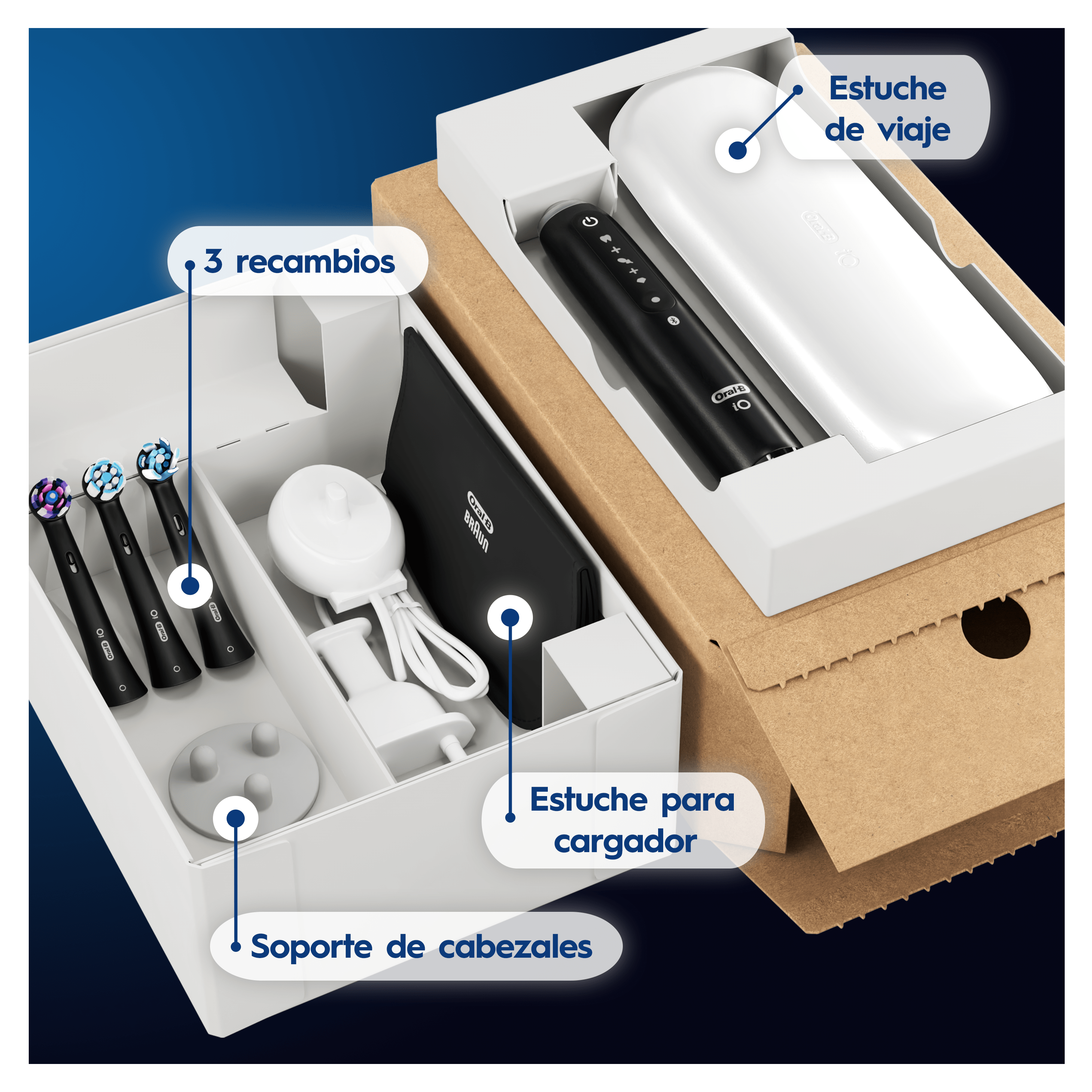 Oral-B iO 5 Pack de Cepillo Eléctrico Negro con 3 cabezales y estuche de viaje blanco