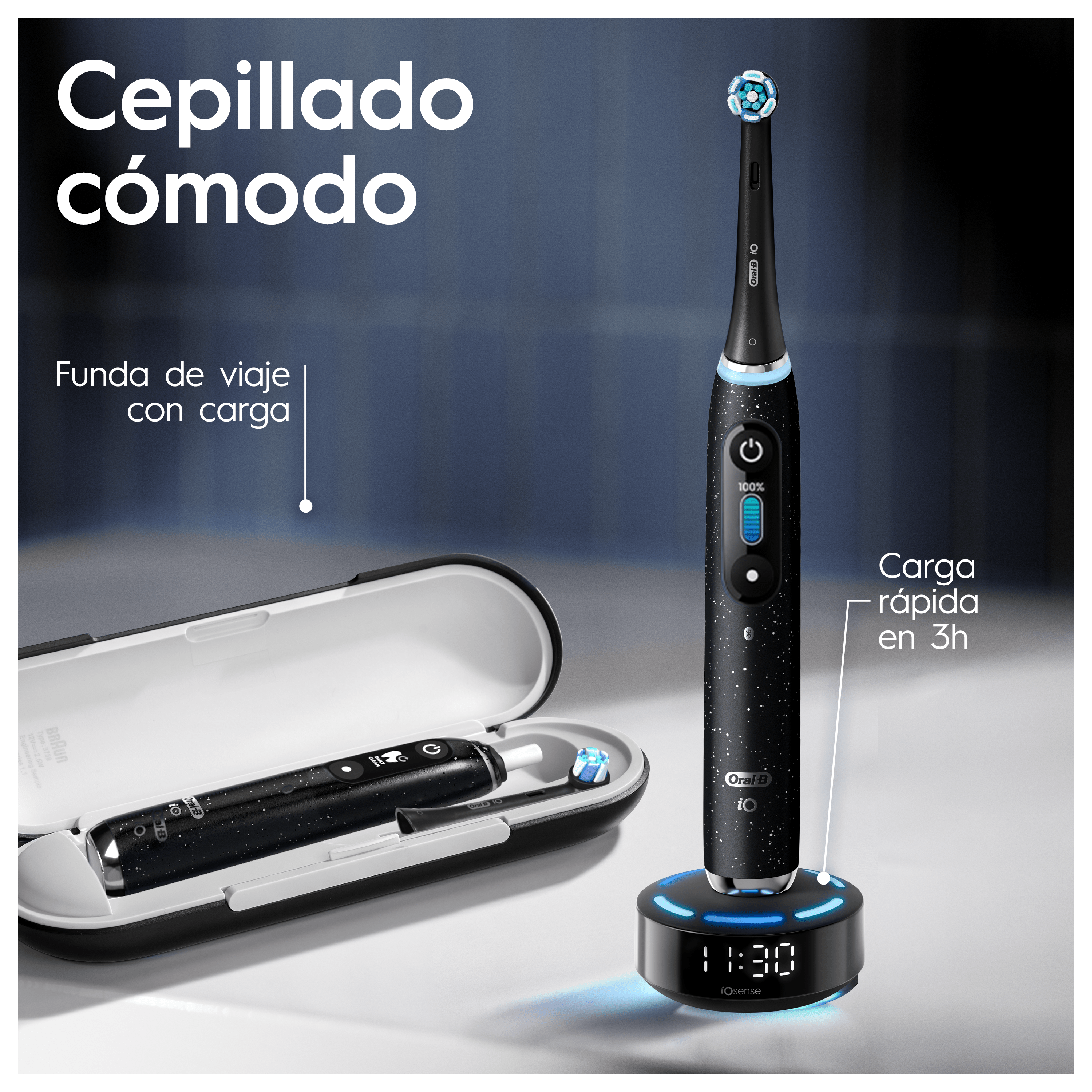 Oral-B iO 10 Pack de Cepillo Eléctrico Negro con 3 cabezales y cargador de viaje
