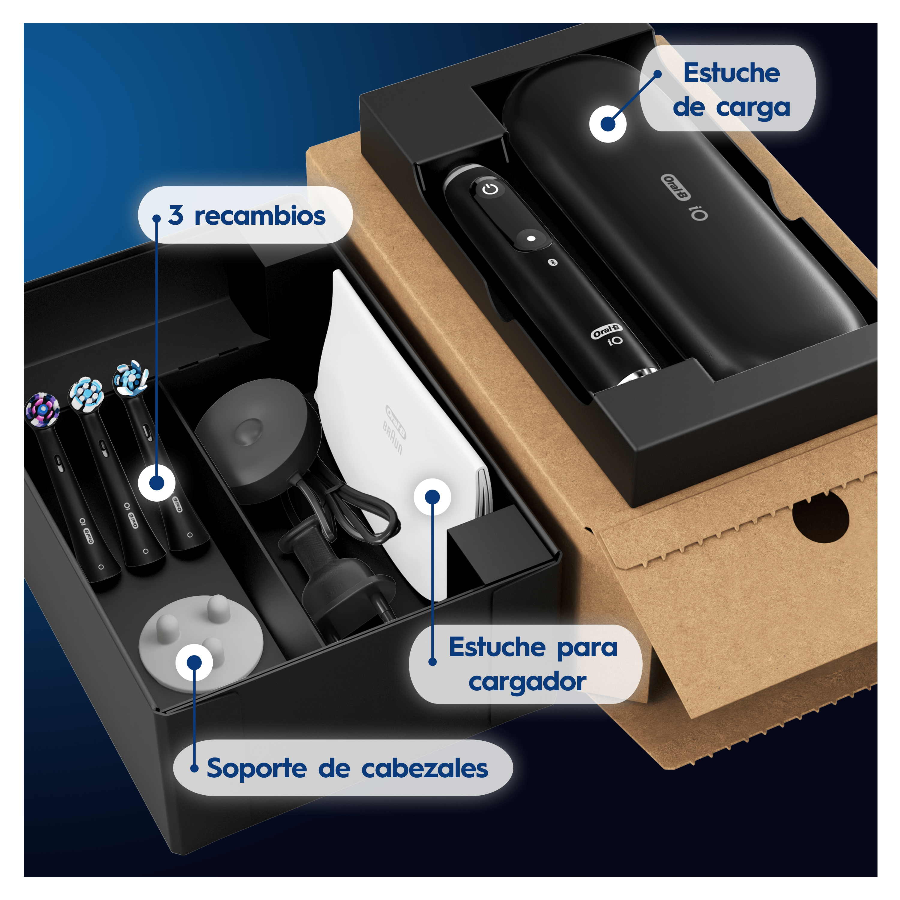 Oral-B iO 9 Pack de Cepillo Eléctrico Negro con 3 cabezales y cargador de viaje negro