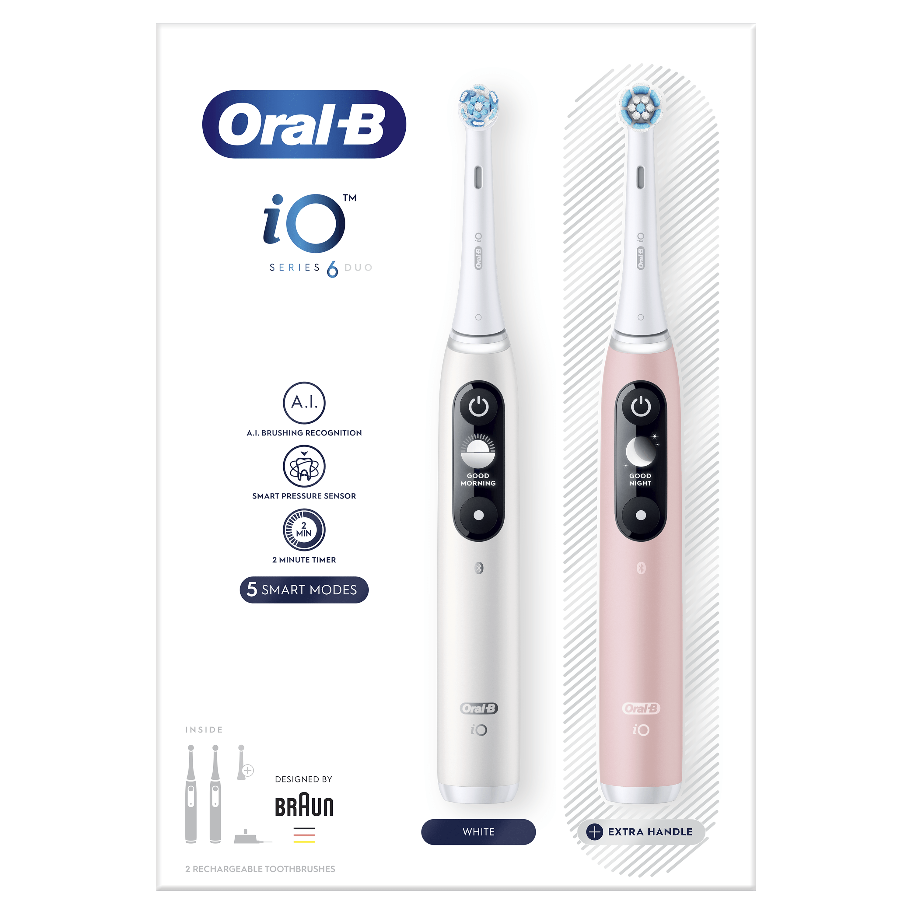 Oral-B iO6 Pack Dúo de Cepillos Eléctricos Blanco y Rosa con 3+5 cabezales