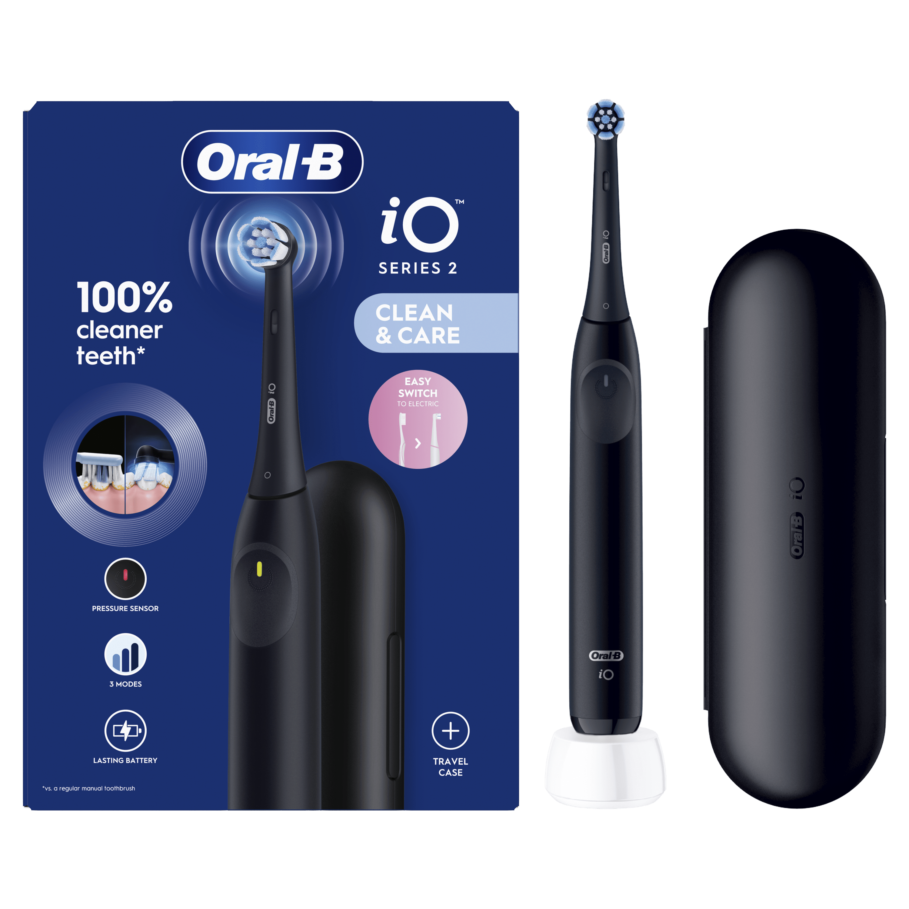 Oral-B iO 2 Cepillo Eléctrico Negro con 1+2 cabezal y estuche de viaje