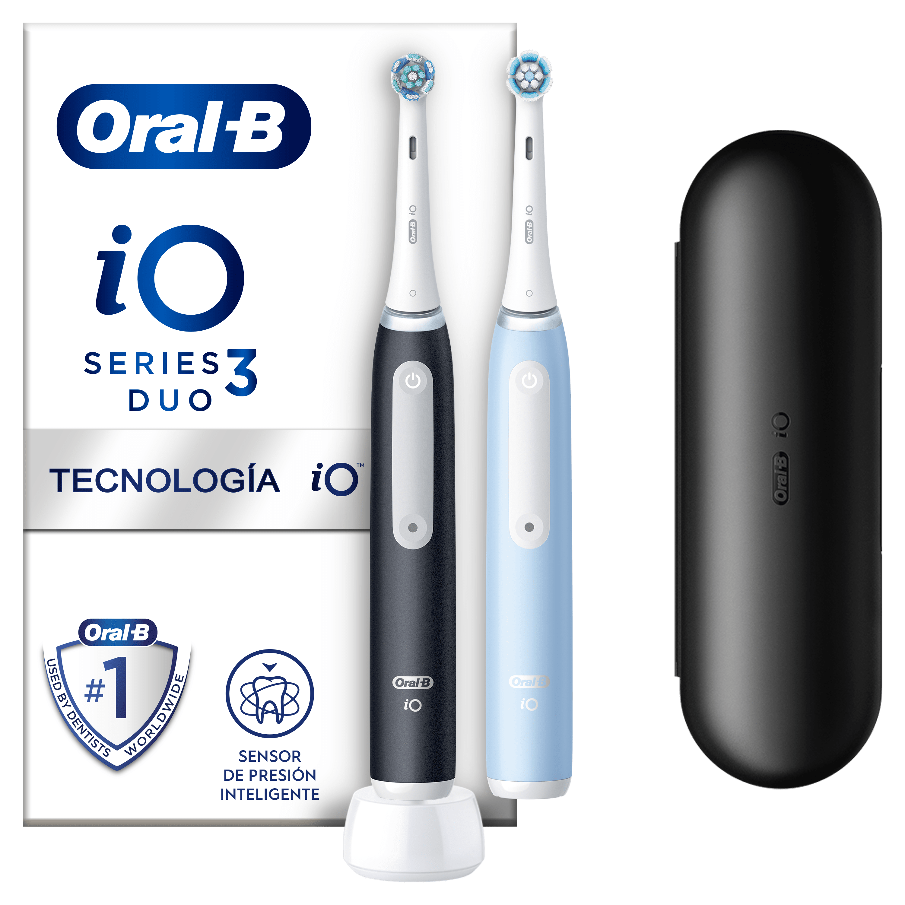 Oral-B iO 3 Pack Dúo de Cepillos Eléctricos Negro y Azul con 2 cabezales y estuche de viaje