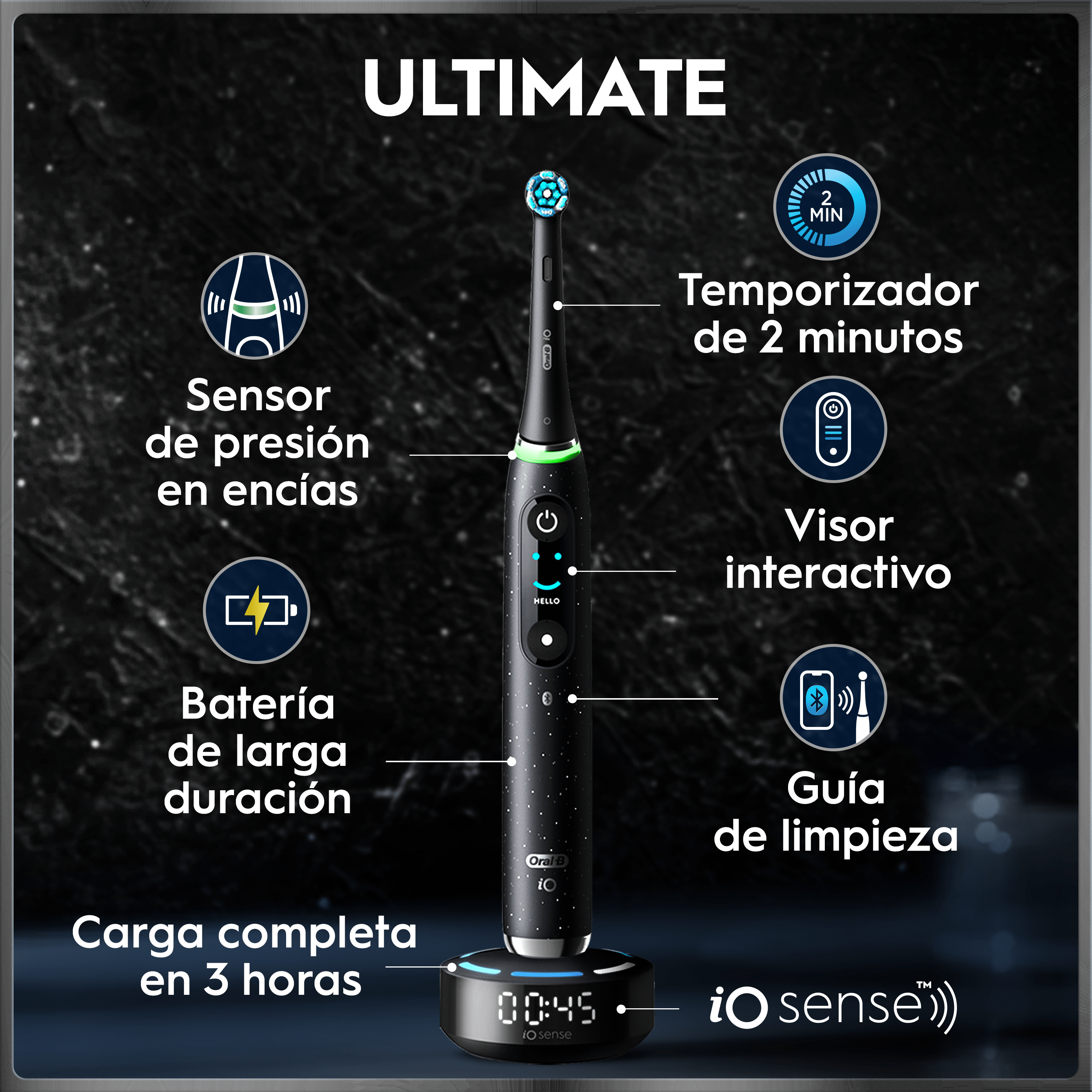 Oral-B iO 10 Pack de Cepillo Eléctrico Negro con 3 cabezales y cargador de viaje