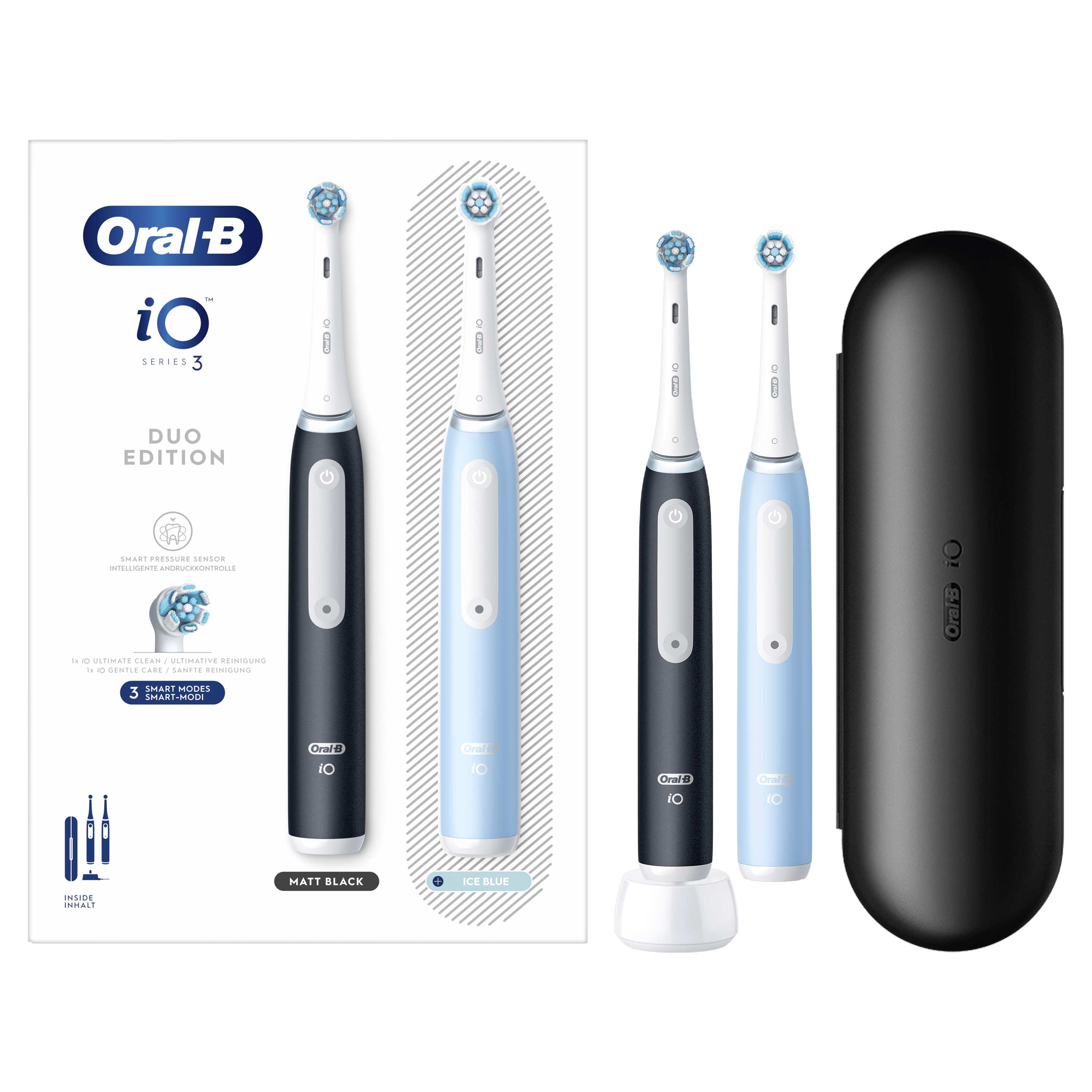 Oral-B iO 3 Pack Dúo de Cepillos Eléctricos Negro y Azul con 2+4 cabezales y estuche de viaje