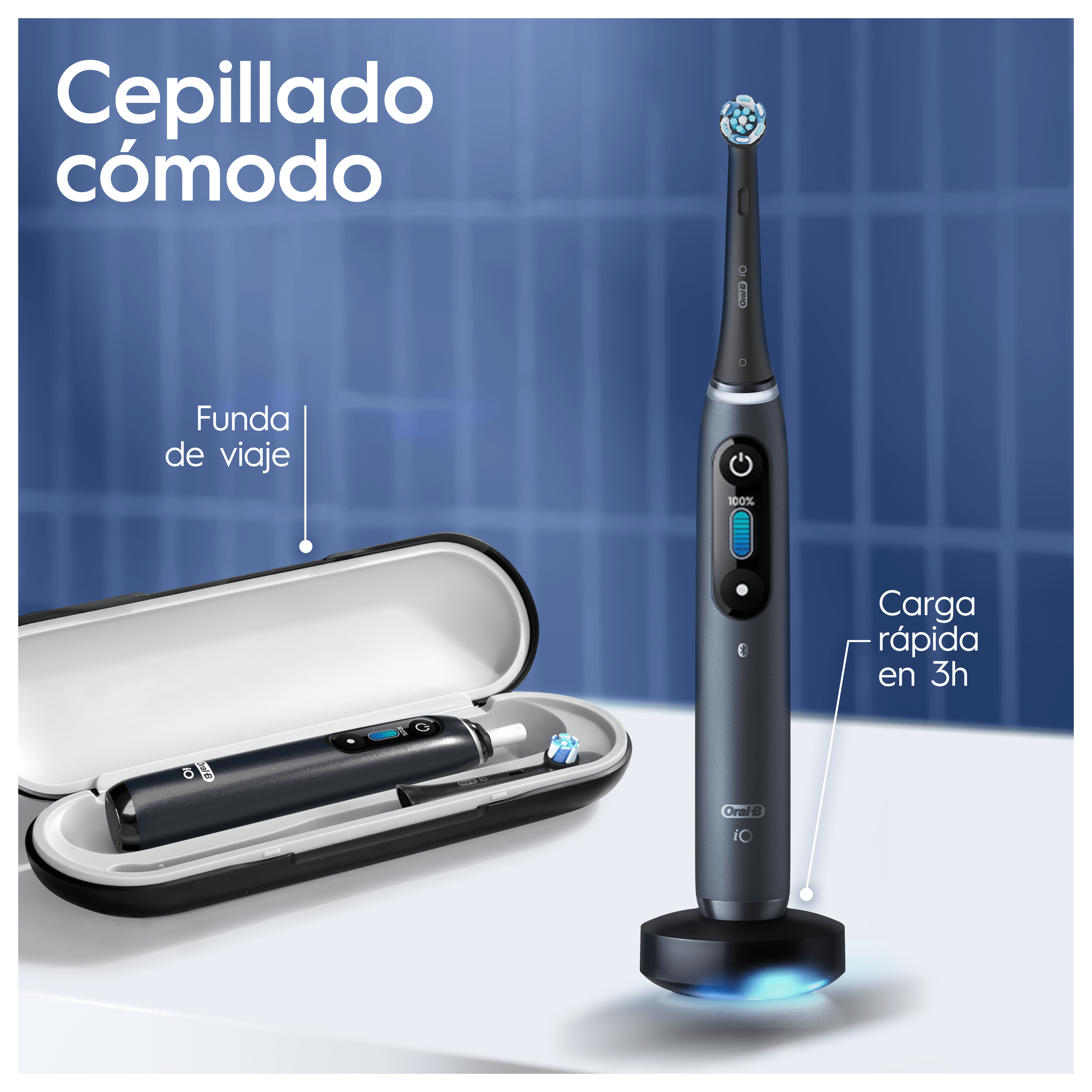 Oral-B iO 9 Pack de Cepillo Eléctrico Negro con 3 cabezales y cargador de viaje blanco