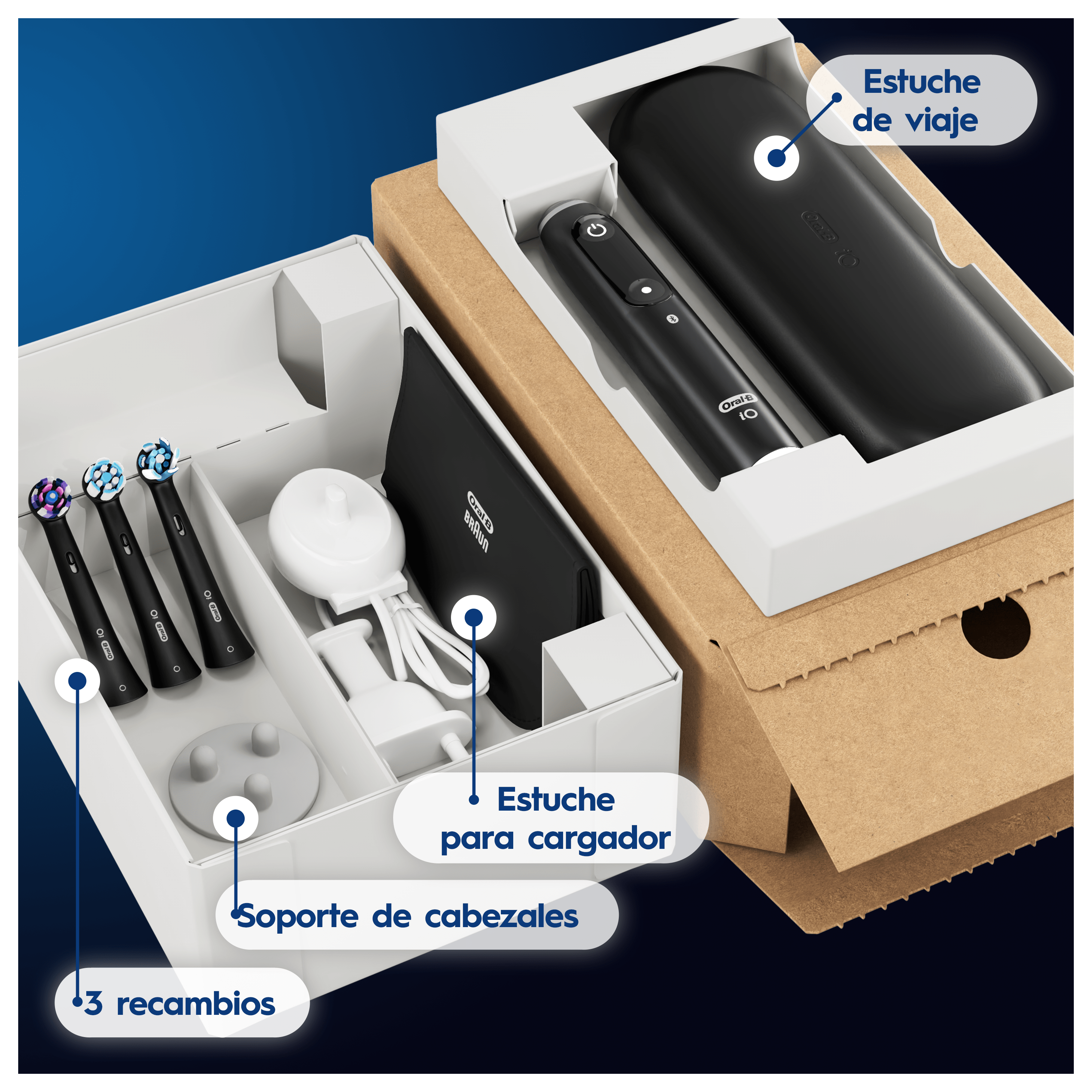 Oral-B iO 6 Pack de Cepillo Eléctrico Negro con 3 cabezales y estuche de viaje