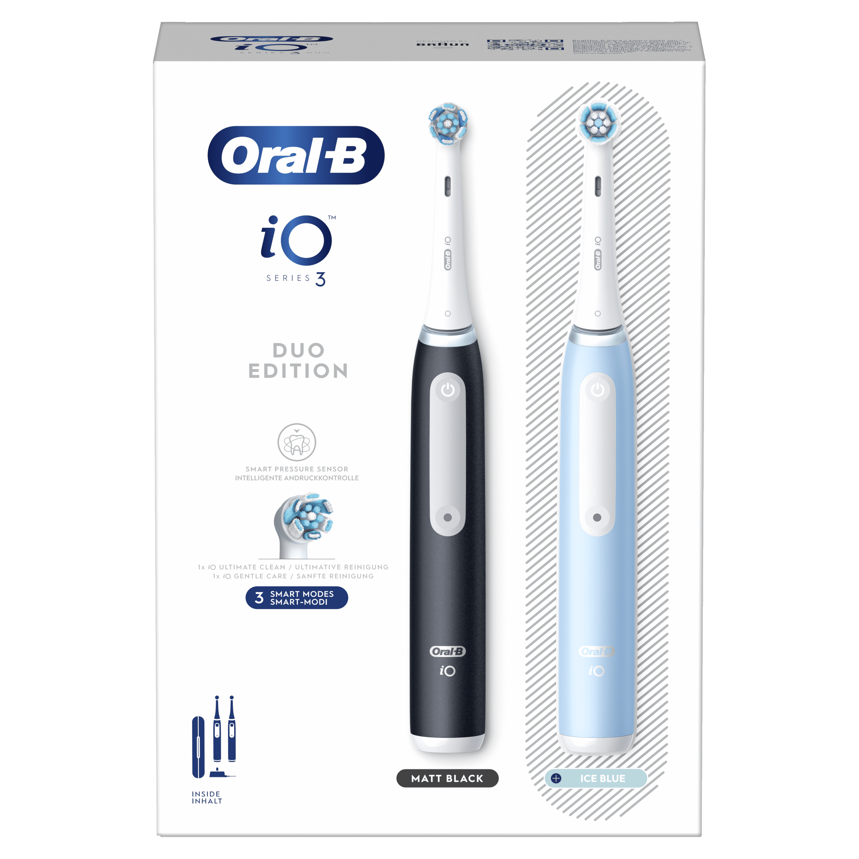 Oral-B iO 3 Pack Dúo de Cepillos Eléctricos Negro y Azul con 2+4 cabezales y estuche de viaje