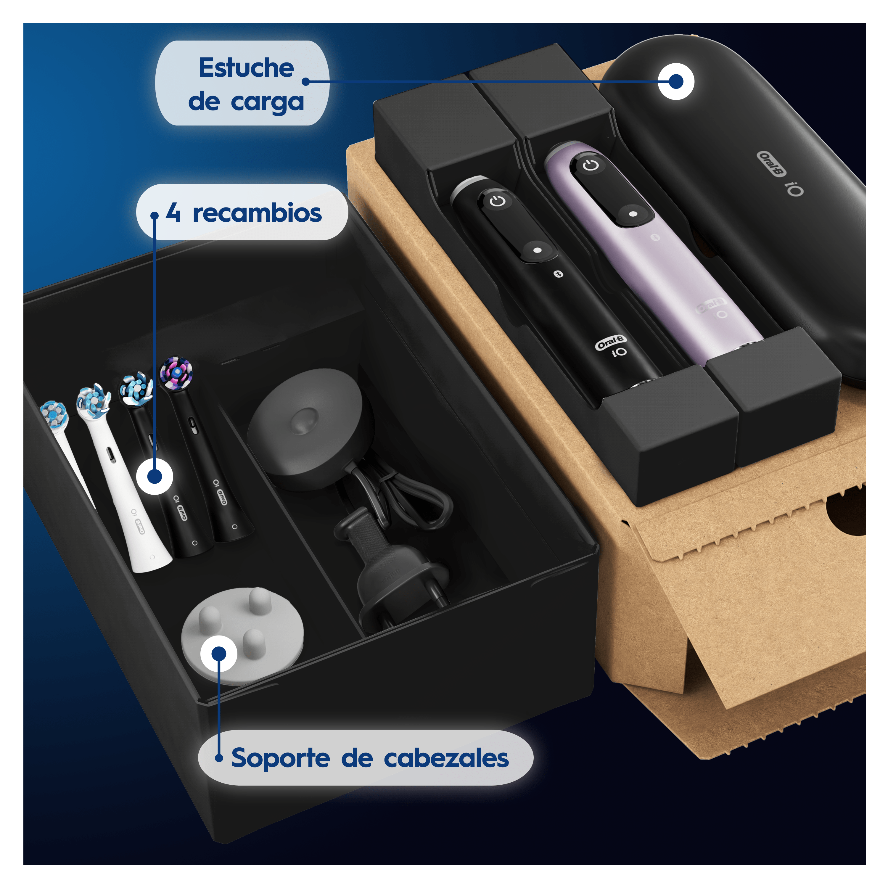 Oral-B iO 9 Pack de Cepillo Eléctrico Negro con 3+2 Recambios y cargador de viaje negro
