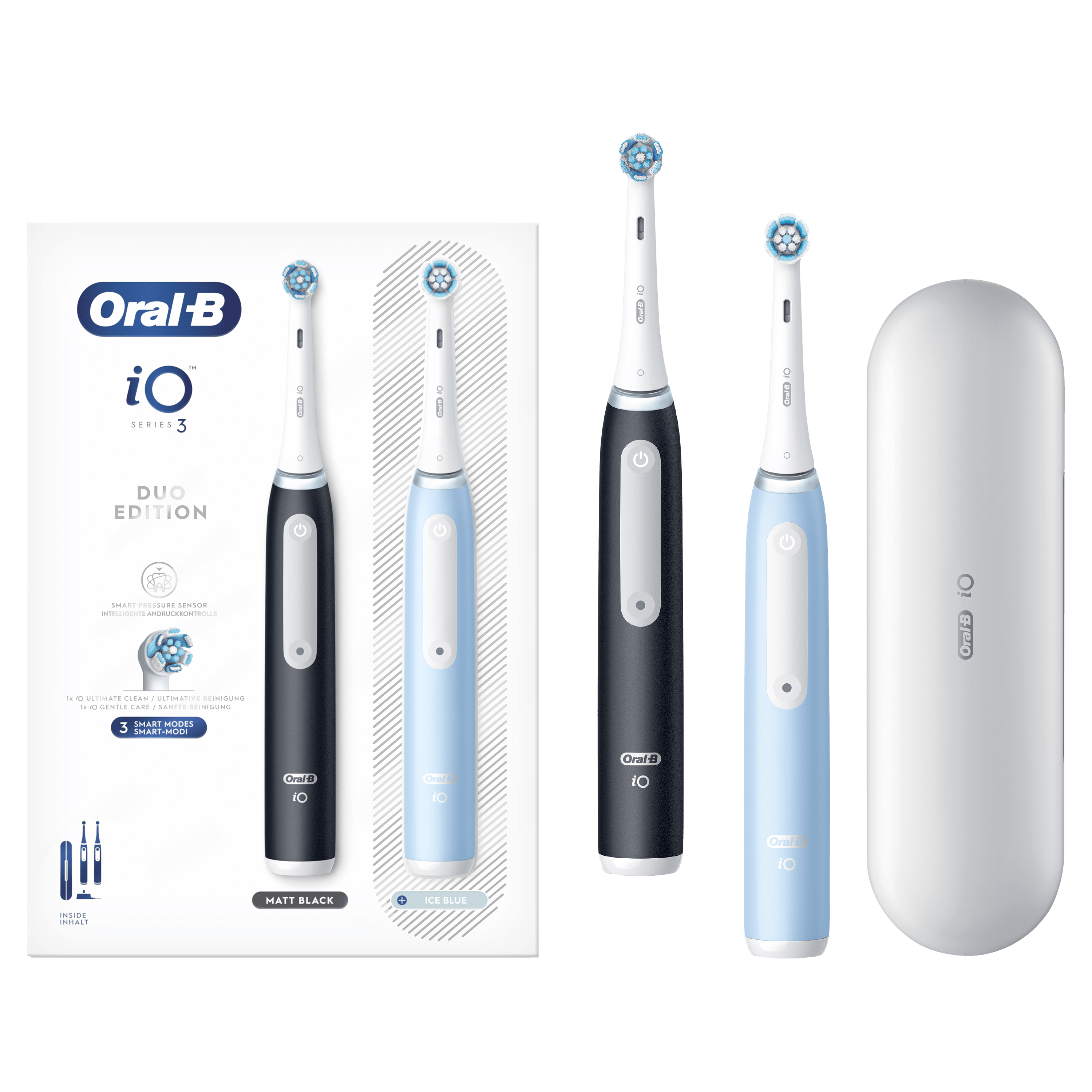 Oral-B iO 3 Pack Dúo de Cepillos Eléctricos Negro y Azul con 2+4 cabezales y estuche de viaje