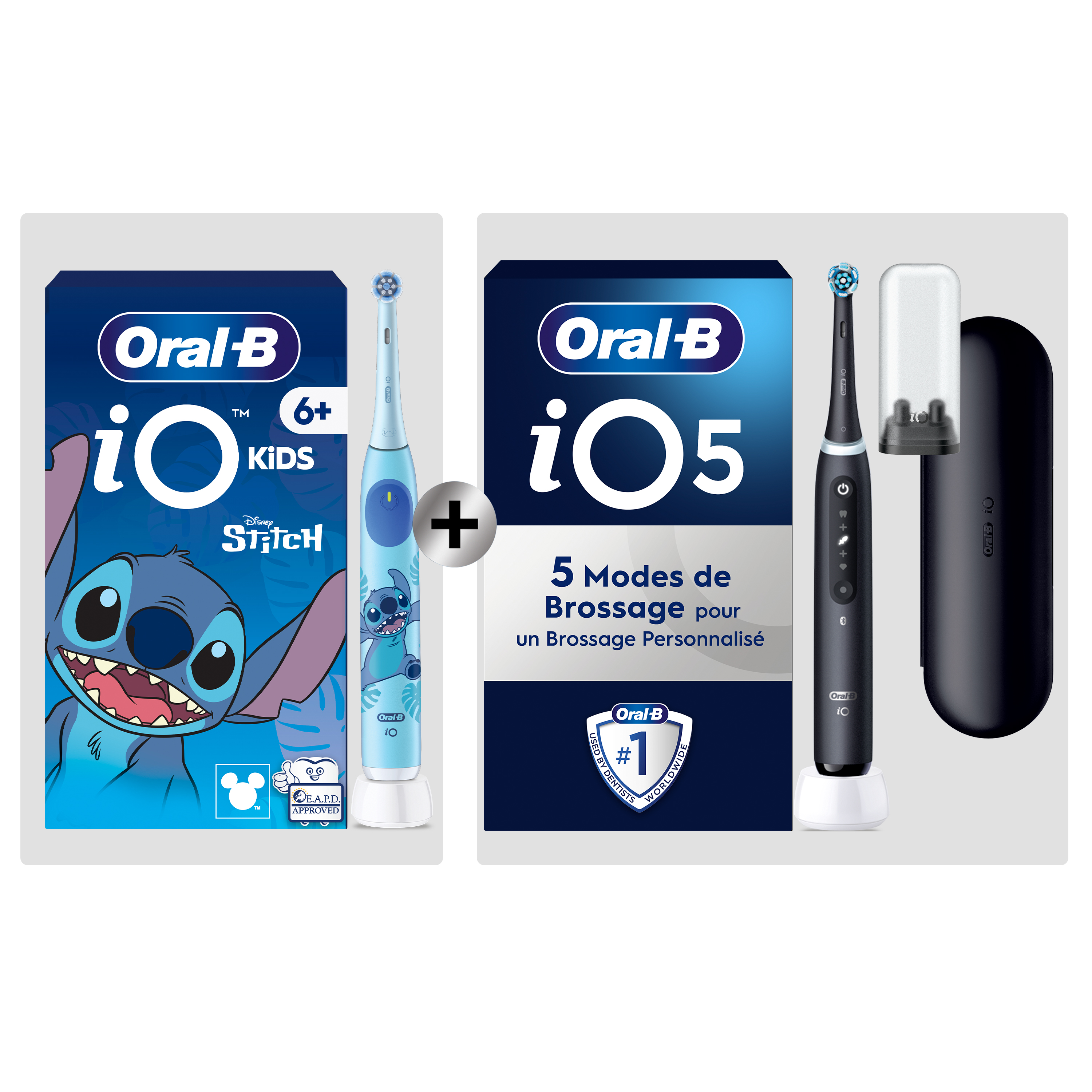 Oral-B iO Kids brosse à dents Stitch, conçue et approuvée par les dentistes, efficace contre les caries, douce pour les gencives. Oral-B iO Series 5n, avec lemballage mettant en avant des dents 100% plus propres et des gencives plus saines en une semaine.