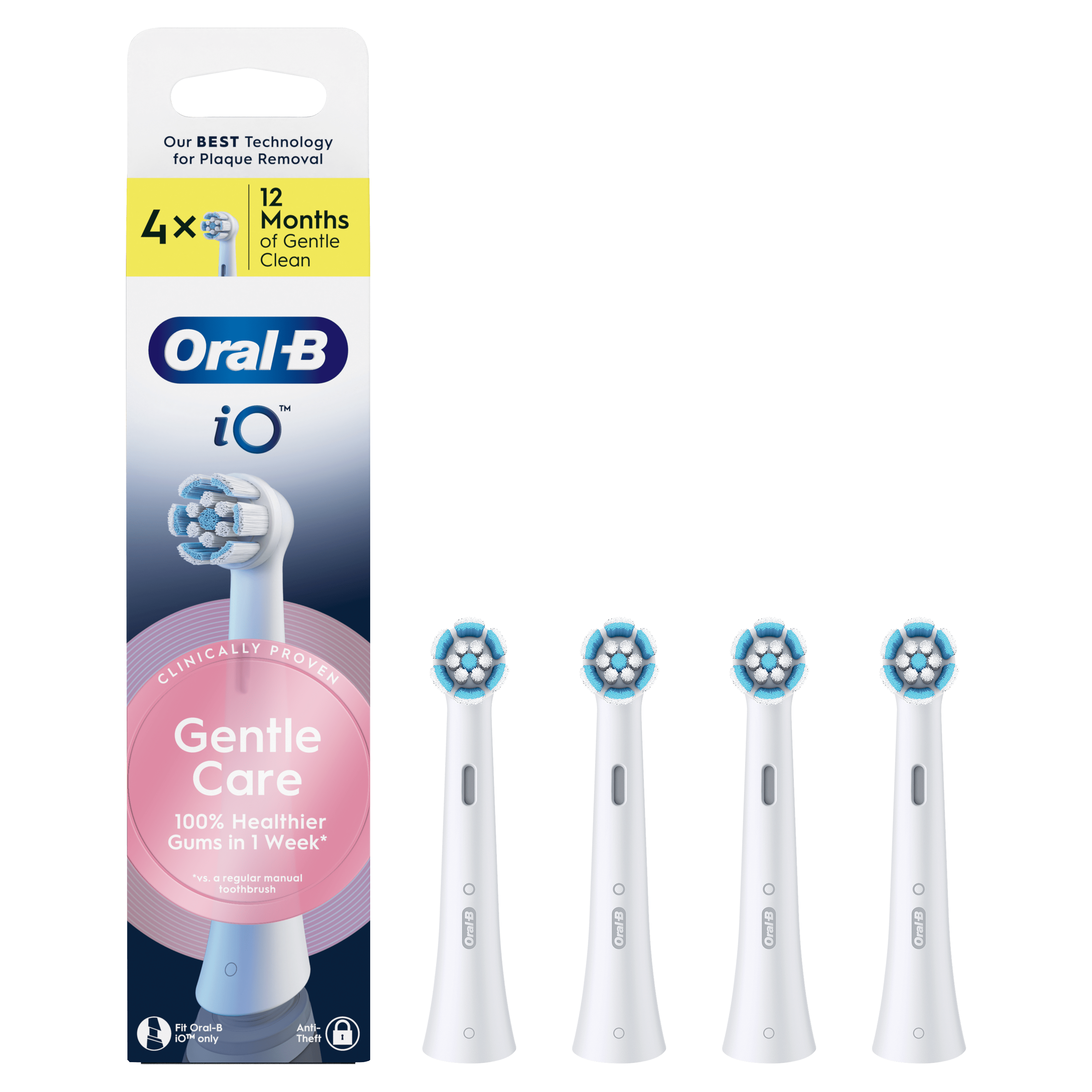 Têtes de brosse Oral-B iO Gentle Care, paquet de 4, cliniquement prouvées pour des gencives 100% plus saines en 1 semaine.
