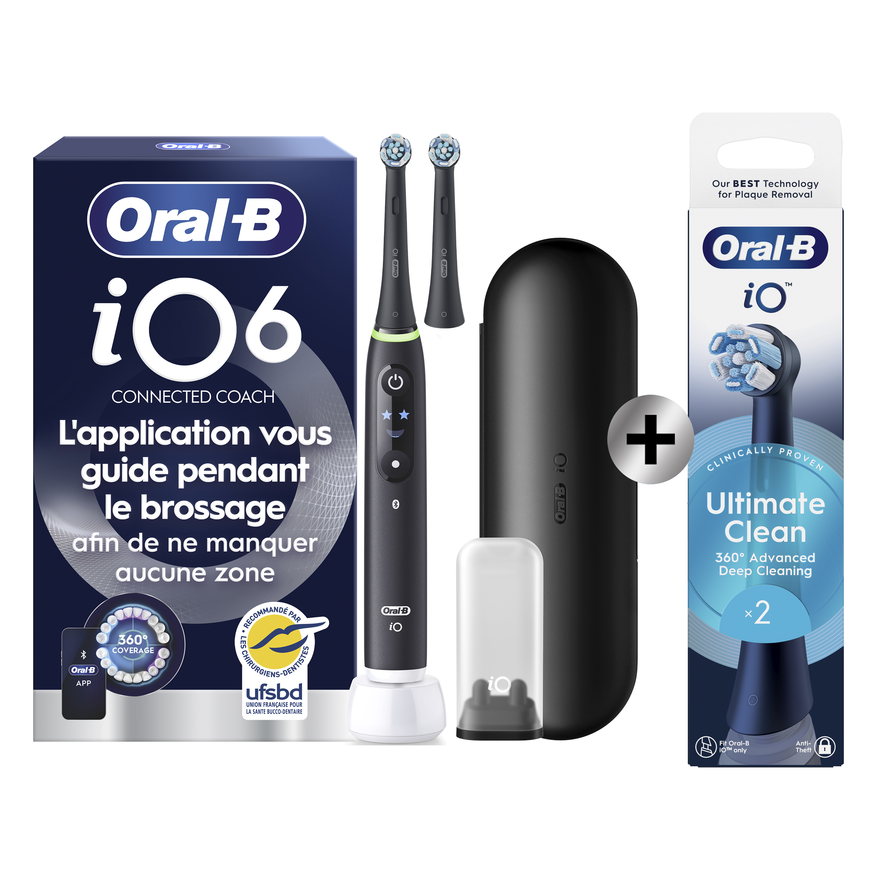 Oral-B iO 6 Noire Brosse à dents électrique avec brossette + 2 brossettes: retailer-supplied image
