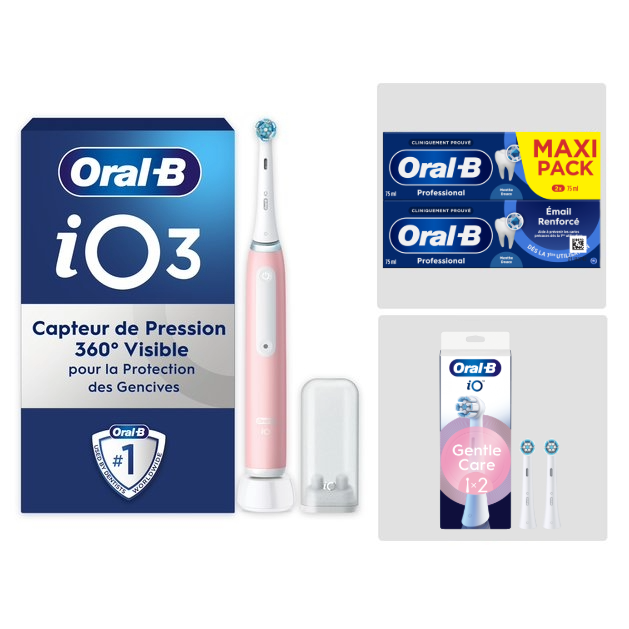 Oral-B iO3 Rose - Pack Sensibilité avec : 1 brosse à dents électrique + 2 dentifrices + 2 brossettes