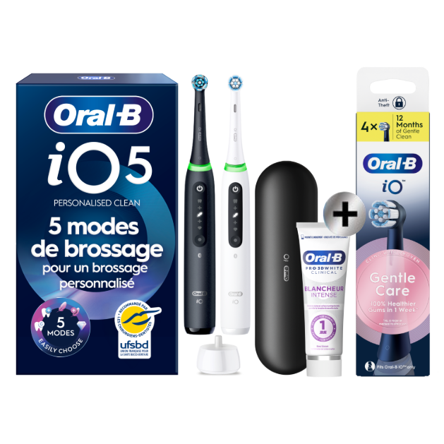 Oral-B iO5 Noire et Blanche Brosses à dents électriques + 2 brossettes + Étui de voyage Premium + Oral-B 3D White…: retailer-supplied image