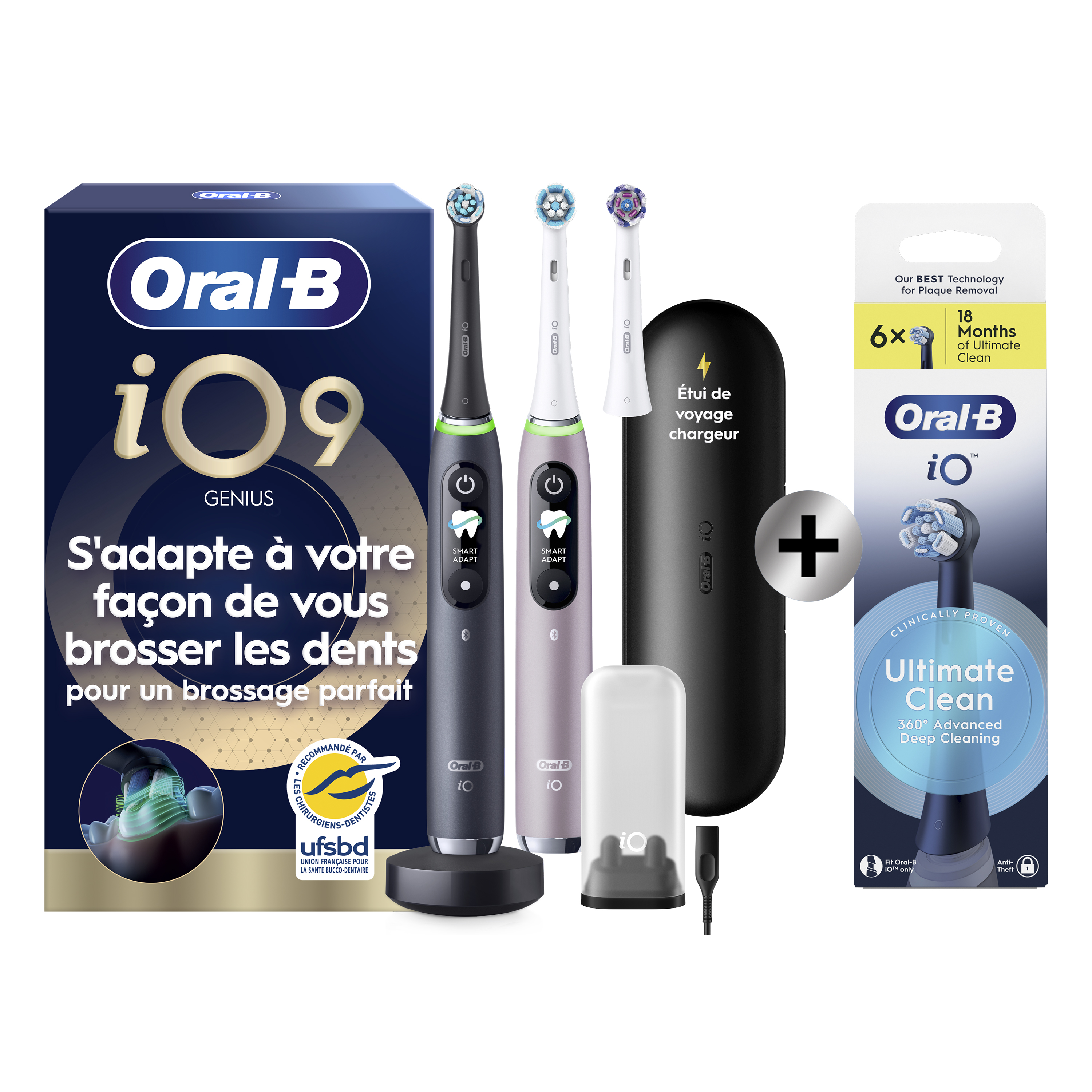 Oral-B Duo Pack iO 9 - Brosses à dents électriques (Noire & Rose) avec étui de voyage et 3 brossettes + pack de 6…: retailer-supplied image
