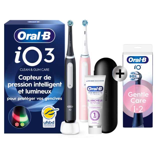 Oral-B iO3 Noire et Rose Brosses à dents électriques + 2 brossettes + Étui de voyage + Oral-B 3D White Dentifrice…: retailer-supplied image