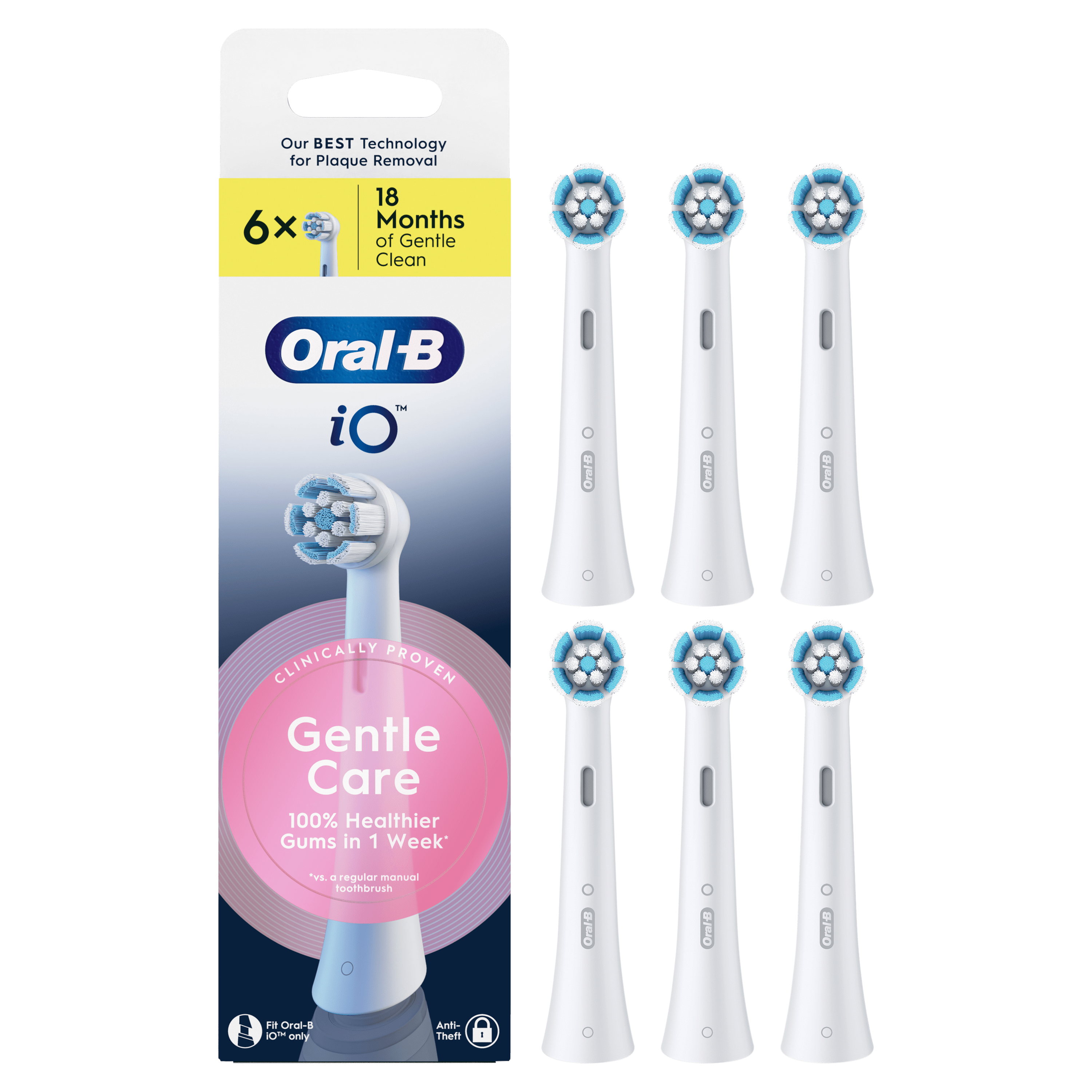 Oral-B iO, pack de 6 brossettes, avec emballage mettant en avant le soin doux et des gencives 100% plus saines en une semaine.