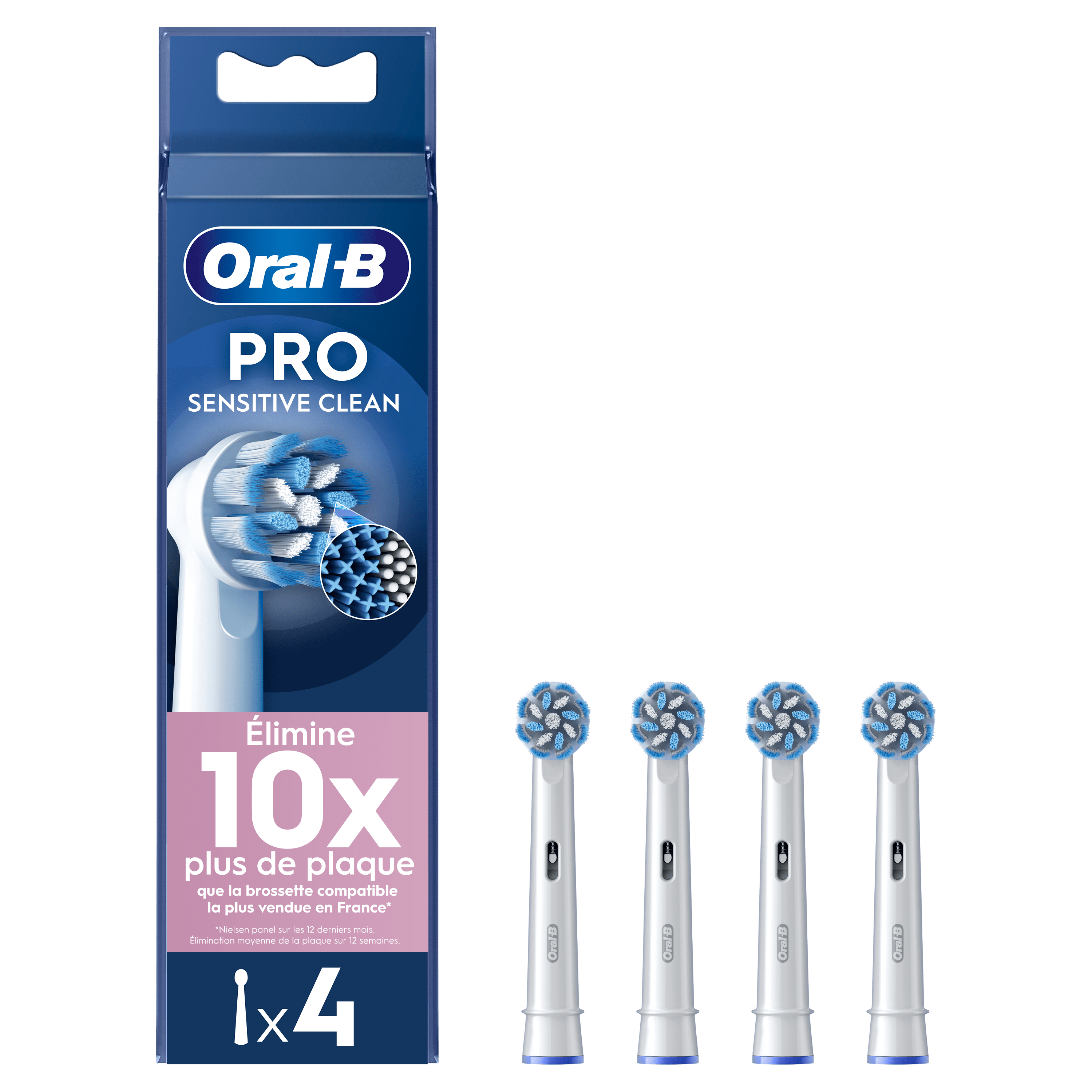 Oral-B PRO Sensitive Clean, pack de 4 brossettes, promettant d'éliminer 10x plus de plaque que la brossette la plus vendue en France.