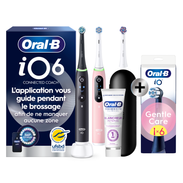 Oral-B iO6 Noire et Rose Brosses à dents électriques + 3 brossettes + Étui de voyage Premium + Oral-B 3D White…: retailer-supplied image