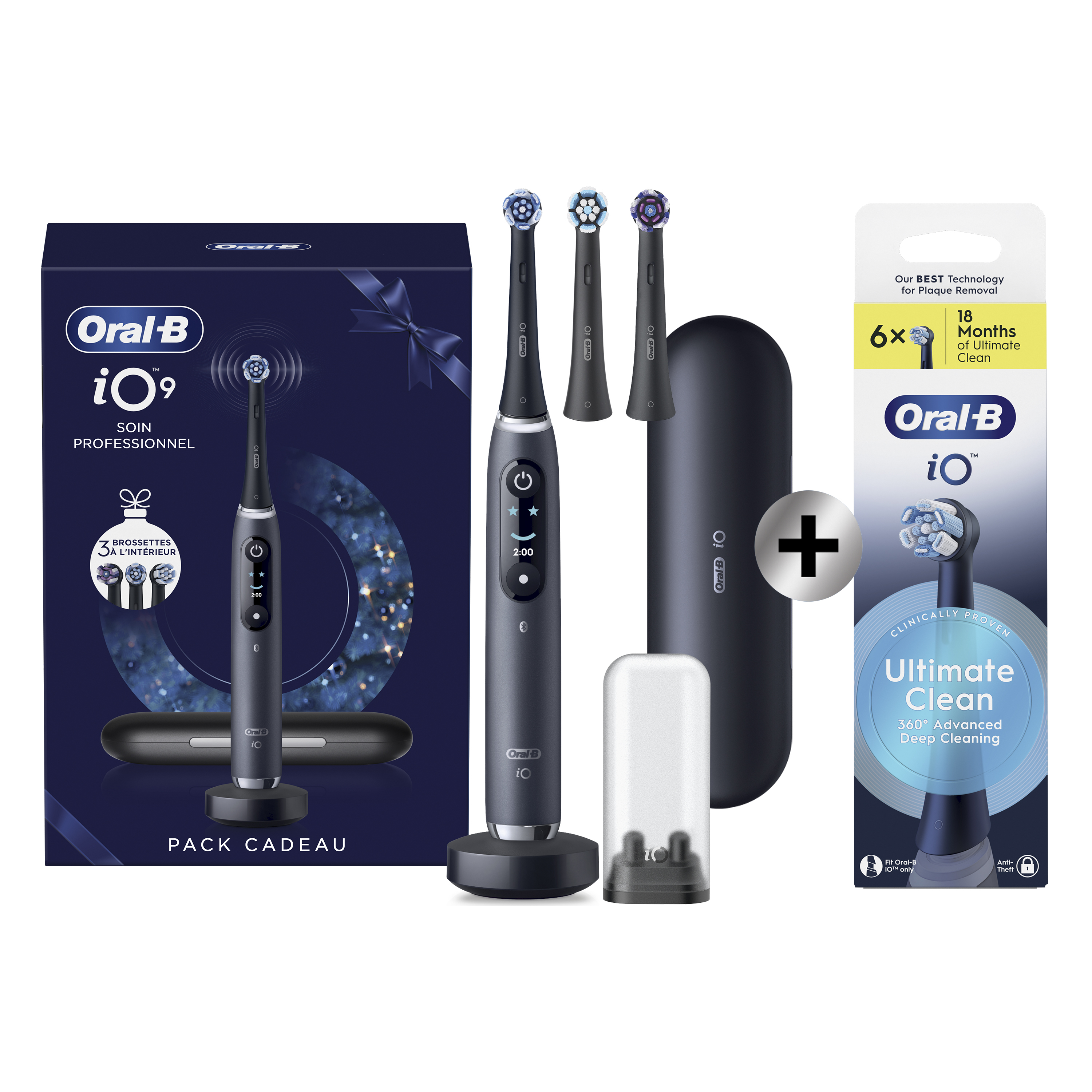 Oral-B iO 9 Noire Edition Spéciale - Brosse à dents électrique avec étui de voyage chargeur et 2 brossettes + pack de…: retailer-supplied image