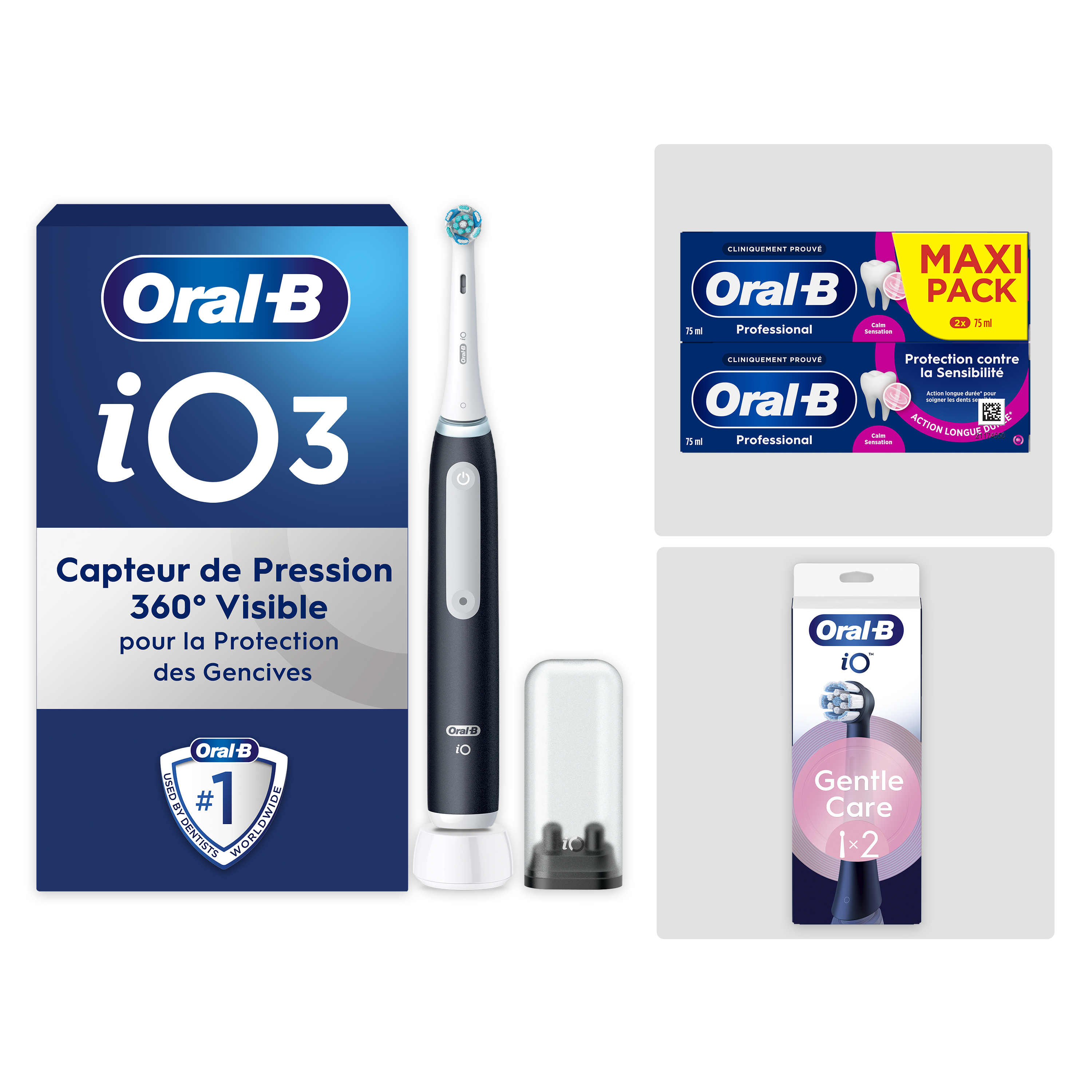 Pack Oral-B iO3 Noire - Sensibilité avec : 1 brosse à dents électrique + 2 dentifrices + 2 brossettes