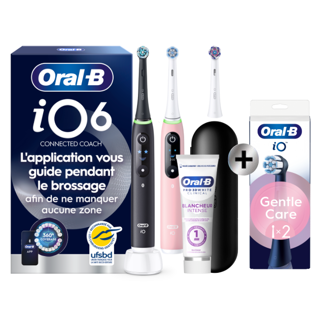Oral-B iO6 Noire et Rose Brosses à dents électriques + 3 brossettes + Étui de voyage Premium + Oral-B 3D White…: retailer-supplied image