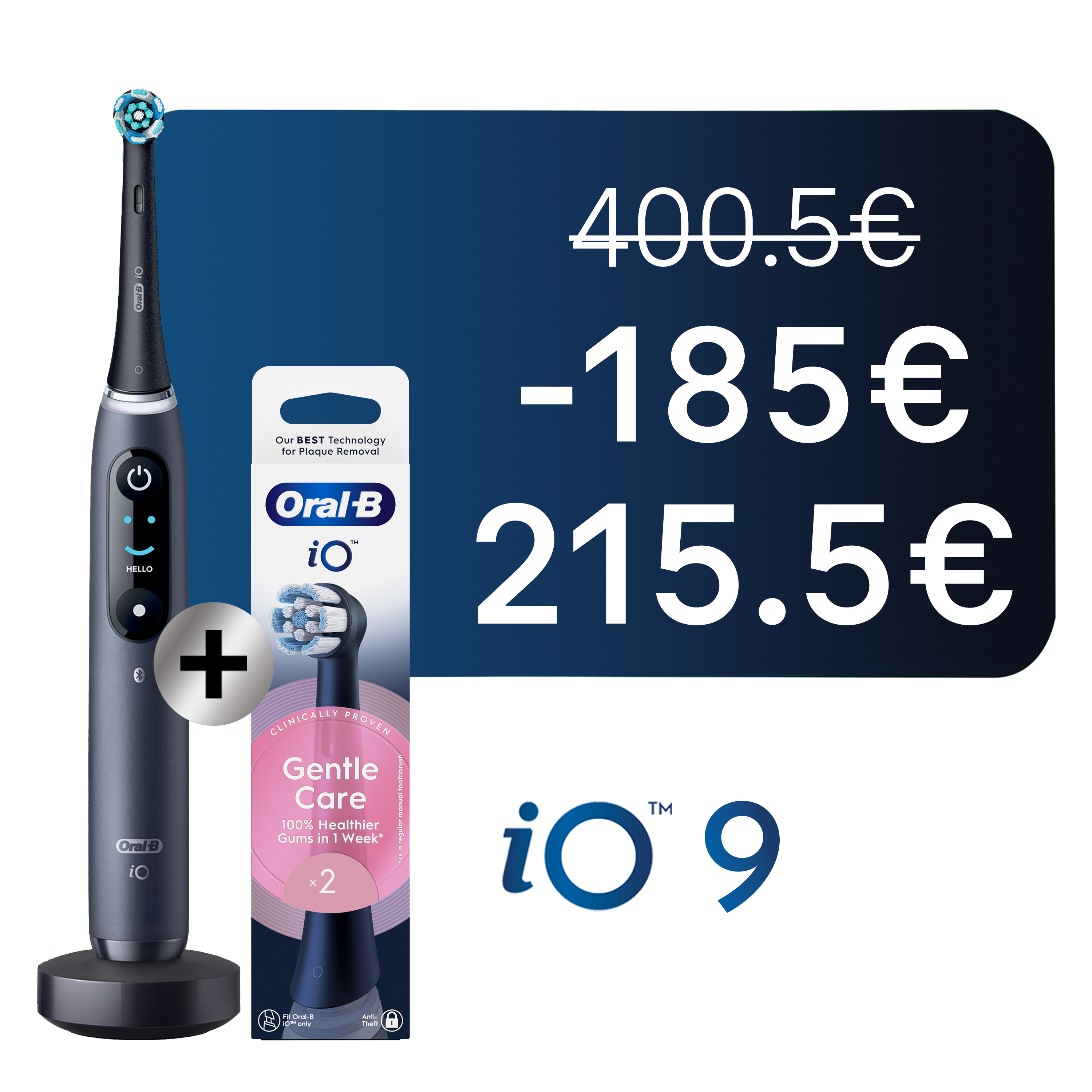 Oral-B iO 9 Brosse à Dents Électrique Noire + Brossettes iO Gentle Care Noires, Lot de 2