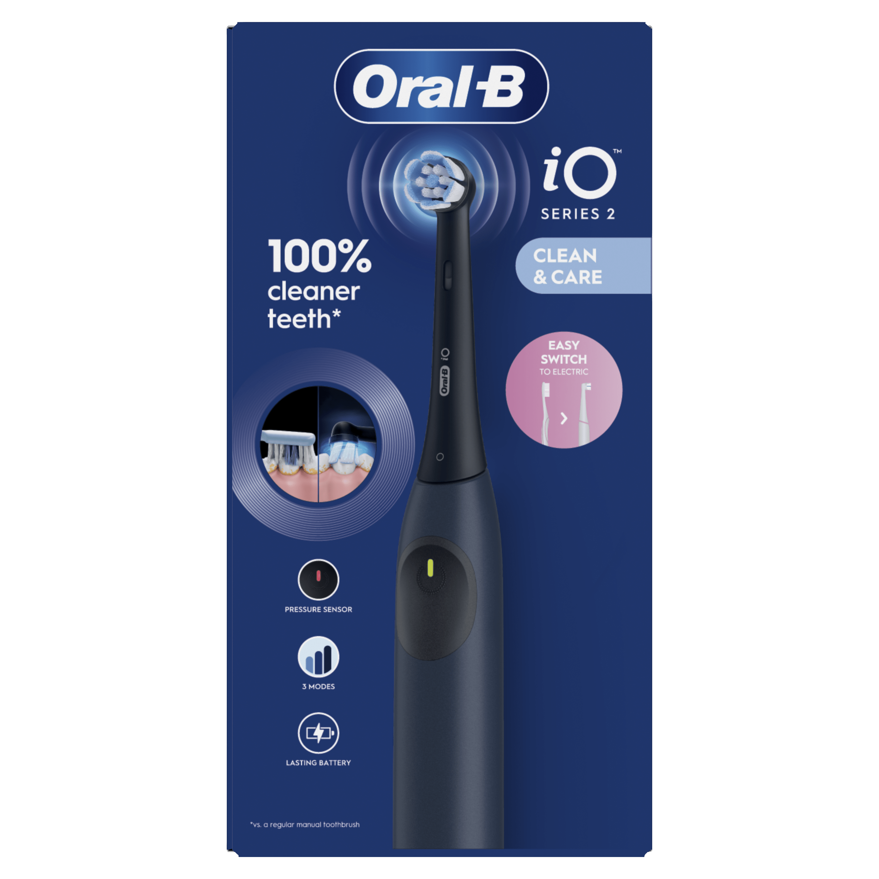 Oral-B iO Series 2, emballage mettant en avant un nettoyage 100% plus efficace des dents par rapport à une brosse à dents manuelle.