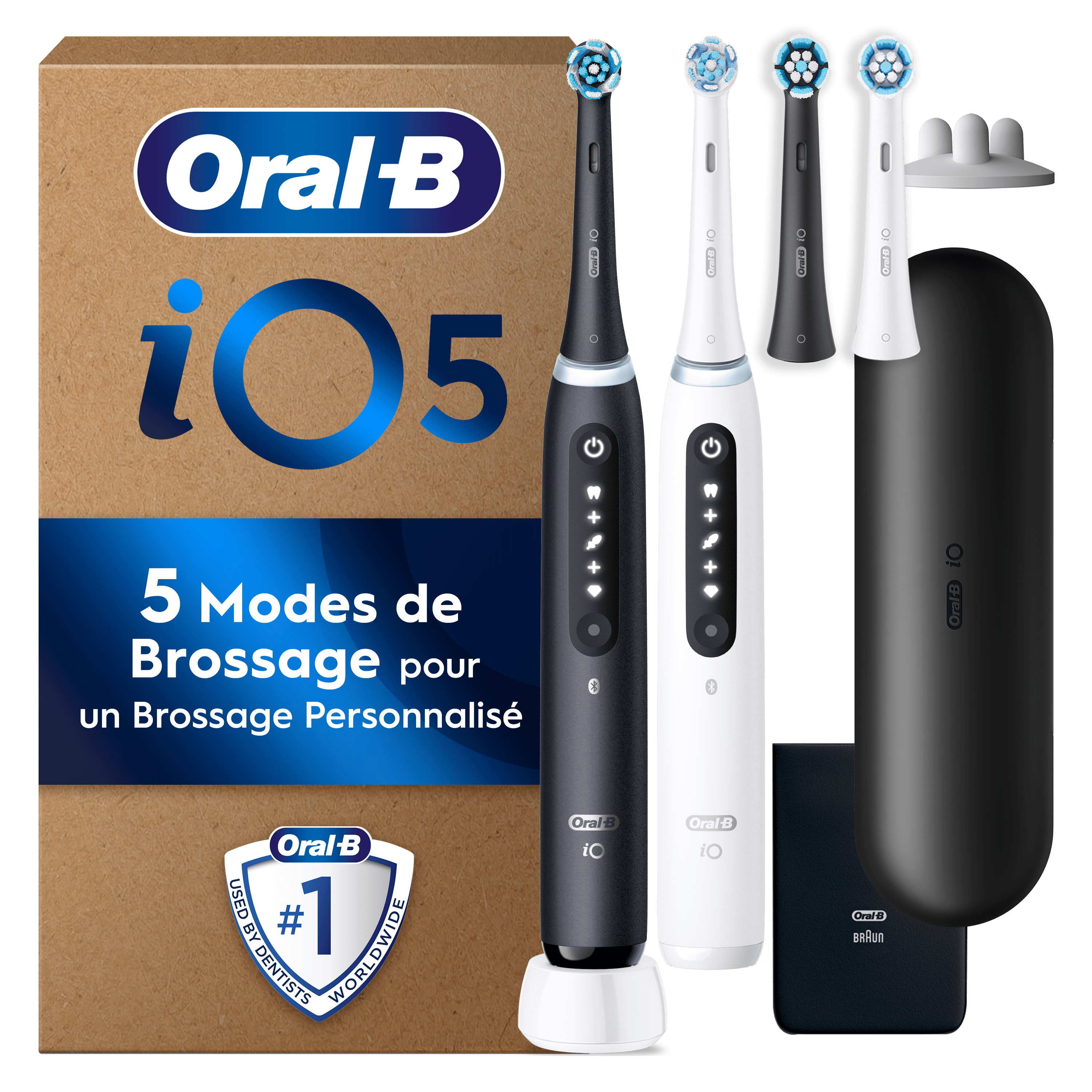 Oral-B iO 5 Lot De 2, Brosses À Dents Électriques Noire Et Blanche, 4 Brossettes, 1 Étui De Voyage