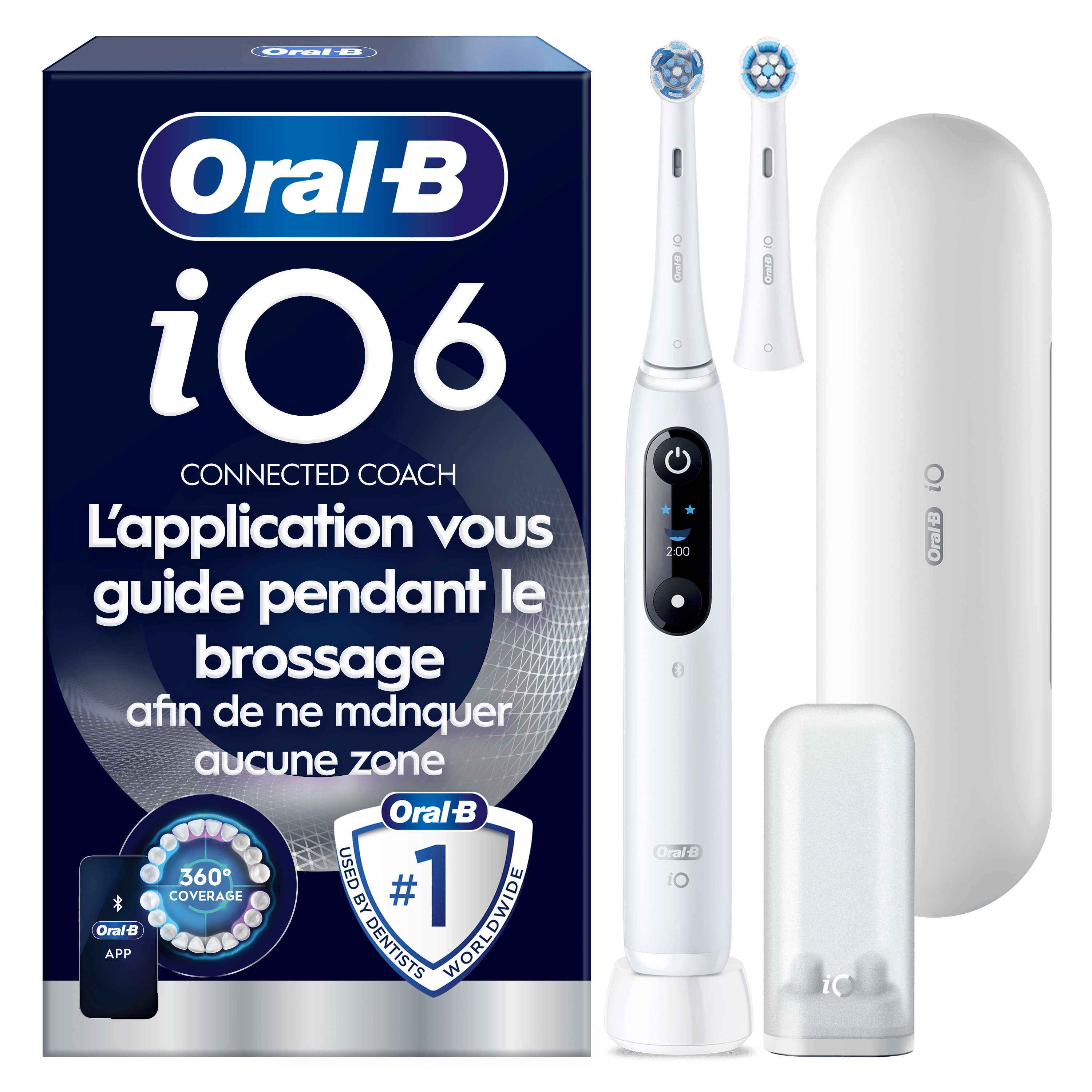 Brosse à dents électrique Oral-B iO6 Blanche, 2 brossettes, Étui de voyage premium