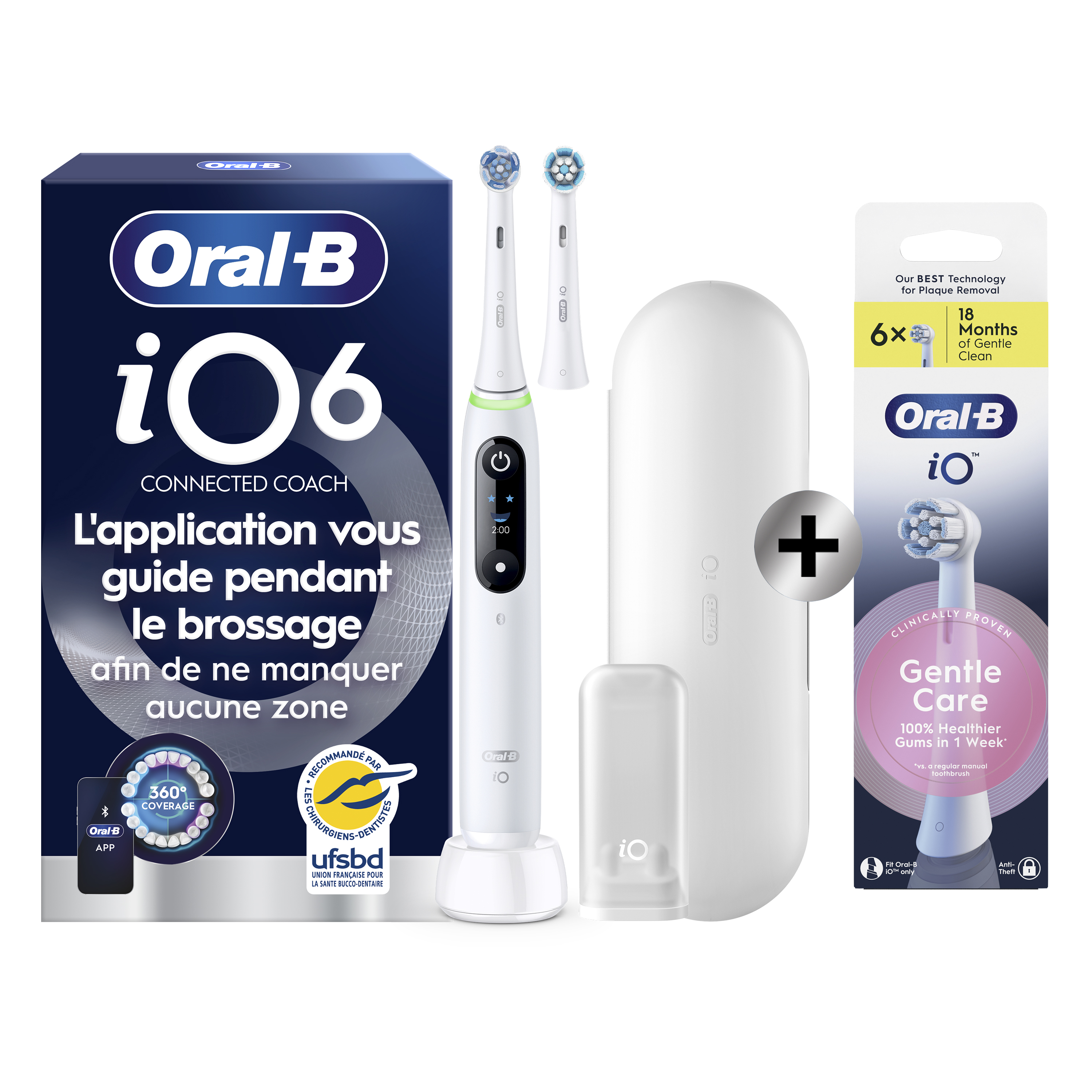 Oral-B iO 6 Blanche Brosse à dents électrique avec 2 brossettes + 6 brossettes: retailer-supplied image