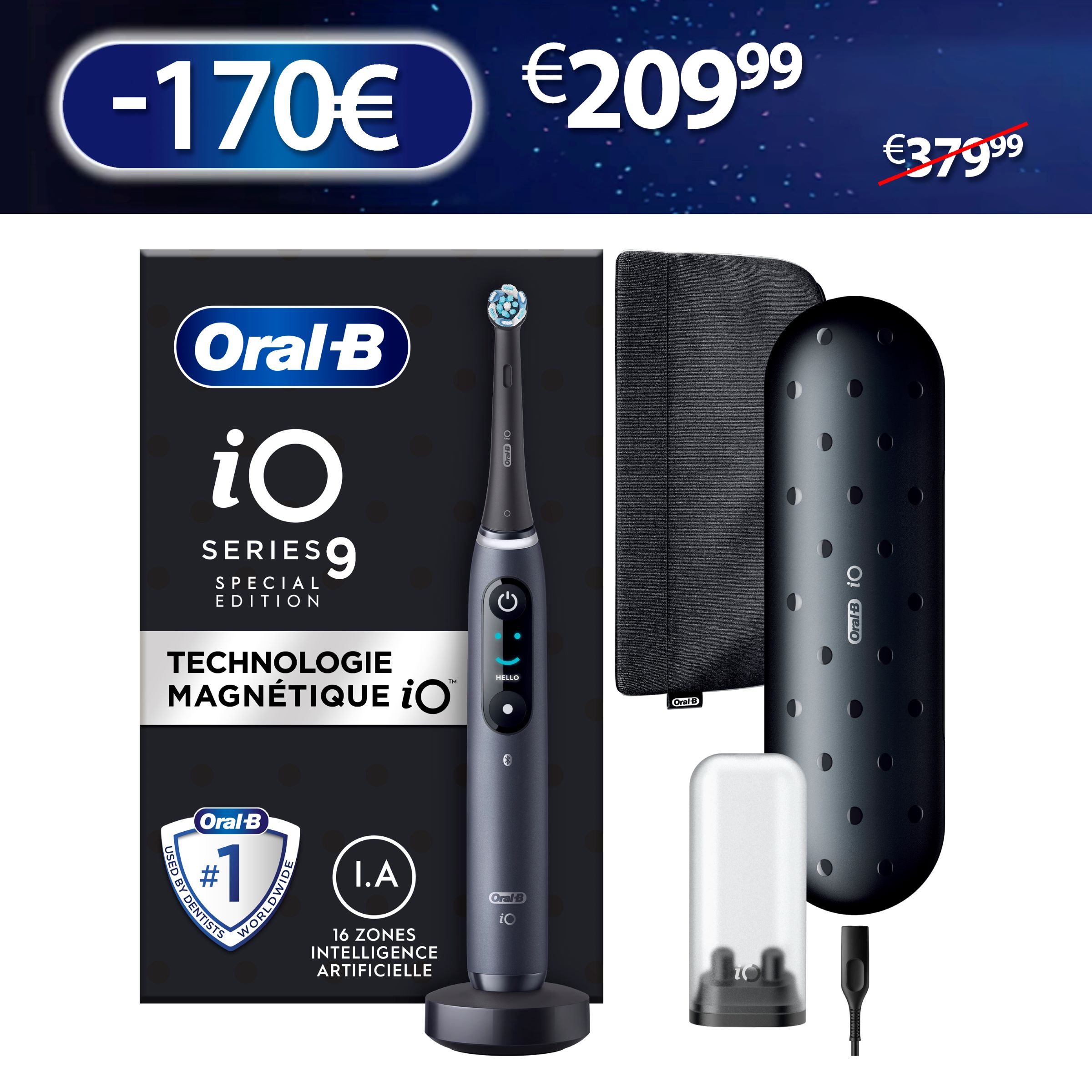 Oral-B iO 9 Brosse À Dents Électrique Édition Spéciale Noire, 1 Brossette, 1 Étui De Voyage Chargeur, 1 Pochette Magnétique