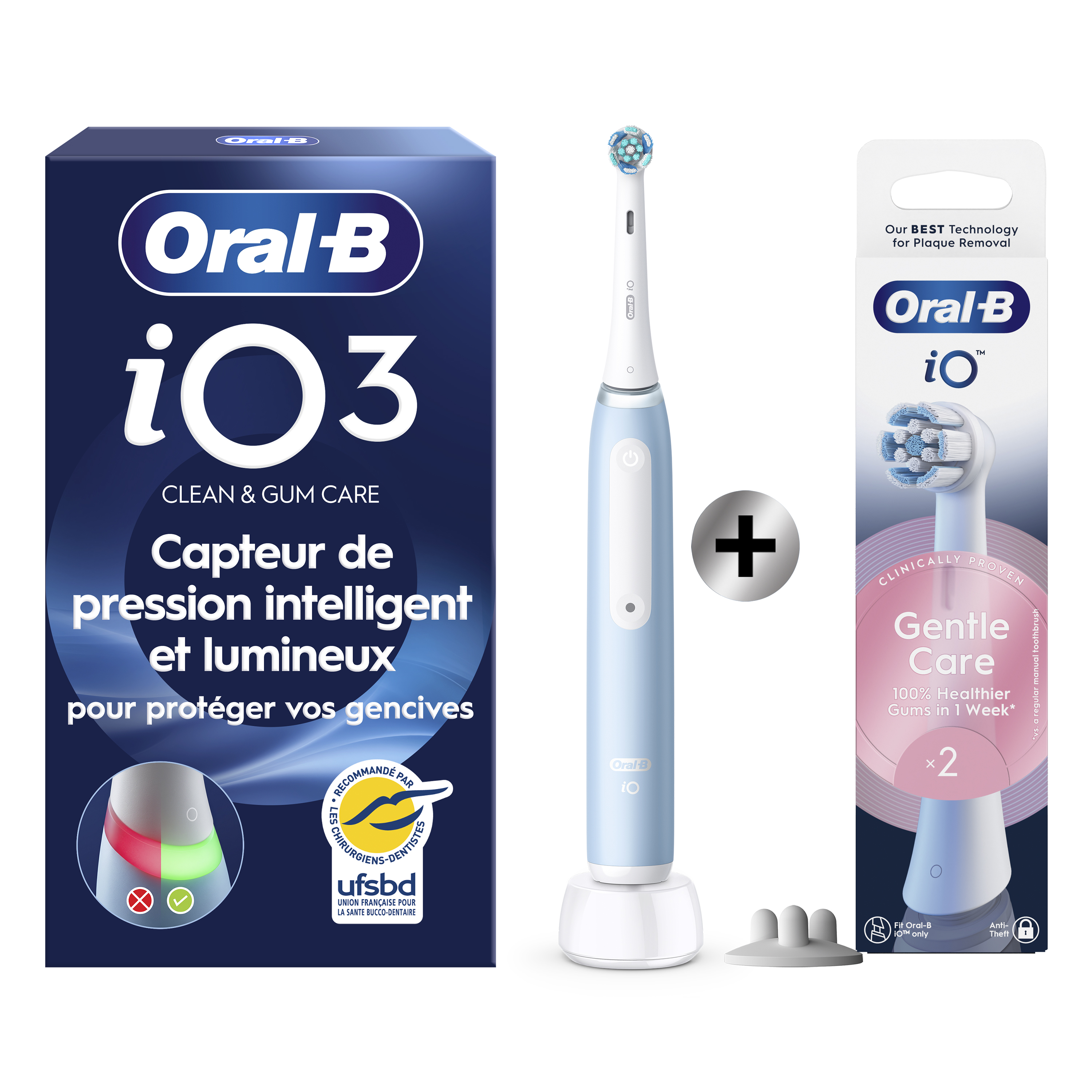 Oral-B iO 3 Bleue Brosse à dents électrique avec brossette + 2 brossettes: retailer-supplied image