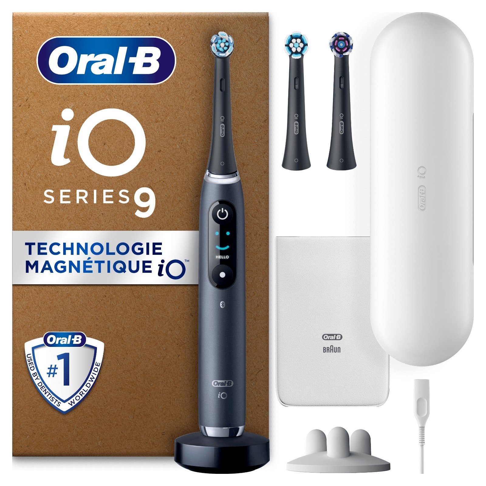 Oral-B iO 9 Brosse à Dents Électrique Noire, 3 Brossettes, 1 Étui de Voyage Chargeur, 1 Pochette, 1 Porte-Brossettes