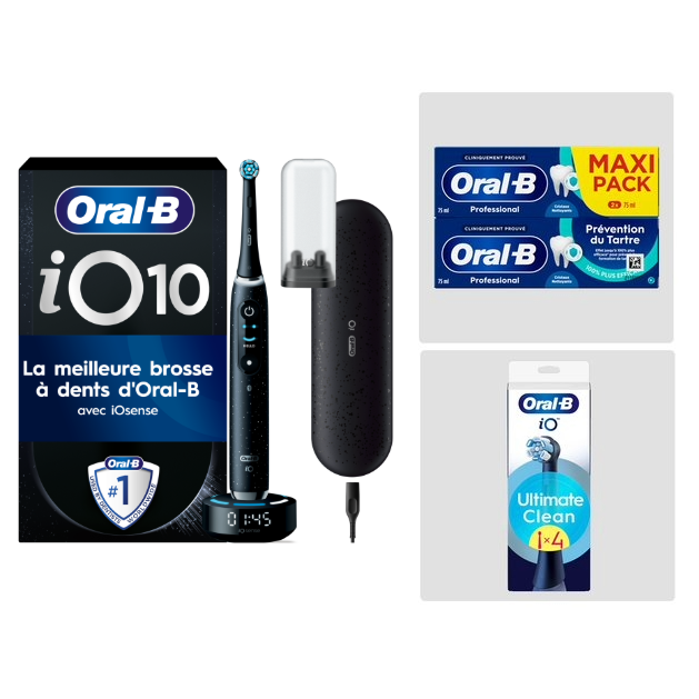 Pack Oral-B iO10 Noire - Nettoyage Intense avec : 1 brosse à dents électrique + 2 dentifrices + 4 brossettes + 1 étui de voyage