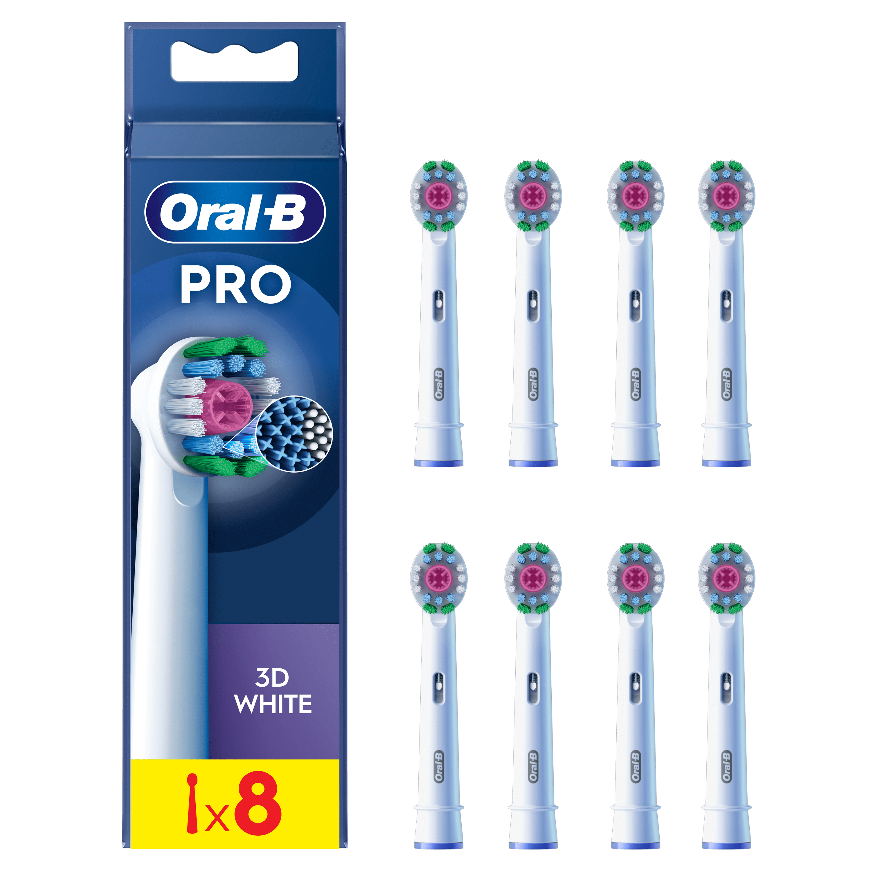 Oral-B PRO 3D White, pack XXL de 8 brossettes, promettant des dents plus blanches dès le premier jour.