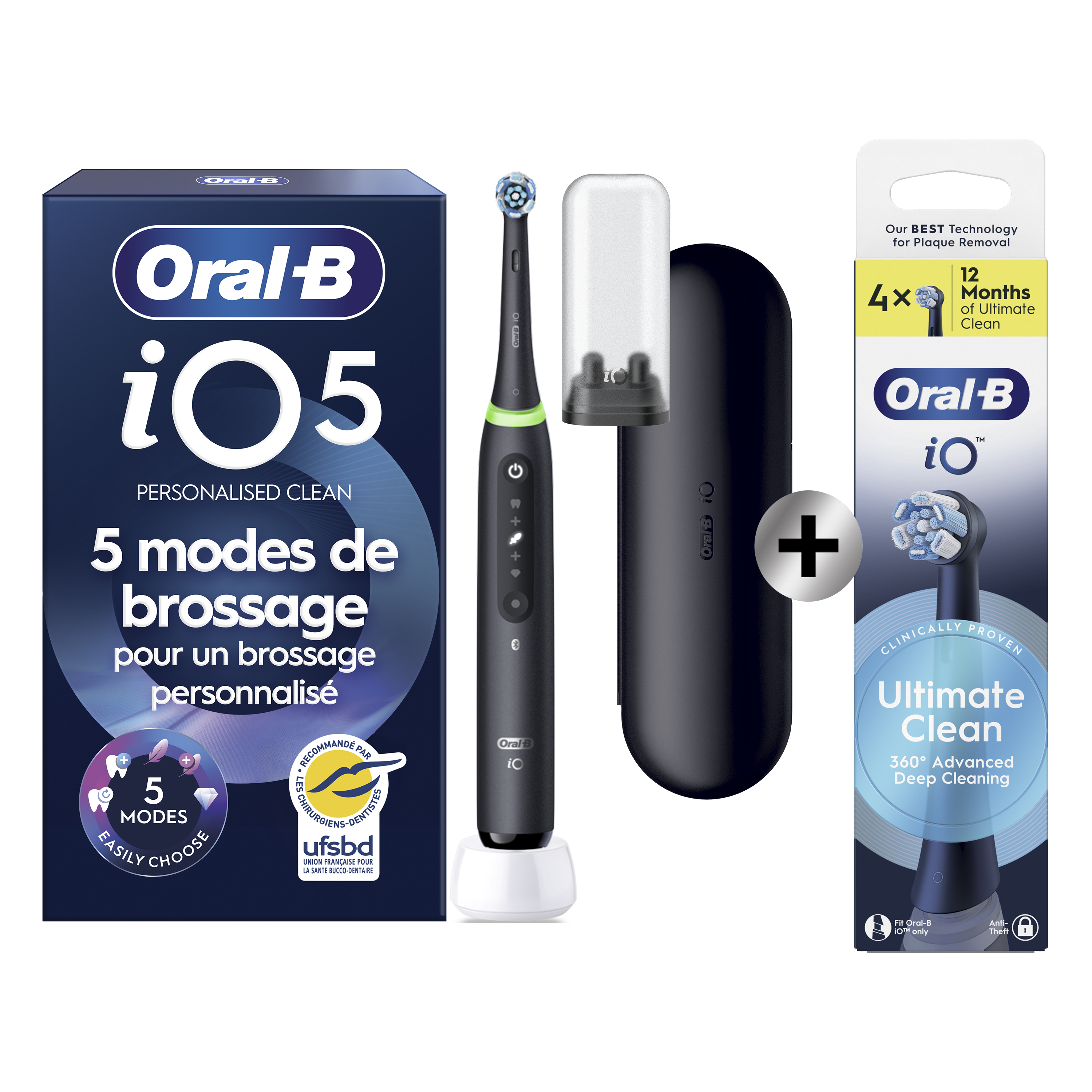 Oral-B iO 5 Noire Brosse à dents électrique avec brossette + 4 brossettes: retailer-supplied image