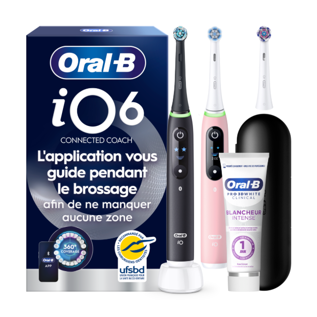 Oral-B iO6 Noire et Rose Brosses à dents électriques + 3 brossettes + Étui de voyage Premium + Oral-B 3D White…: retailer-supplied image