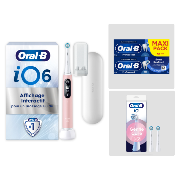 Pack Oral-B iO6 Rose - Sensibilité avec : 1 brosse à dents électrique + 2 dentifrices + 2 brossettes + 1 étui de voyage