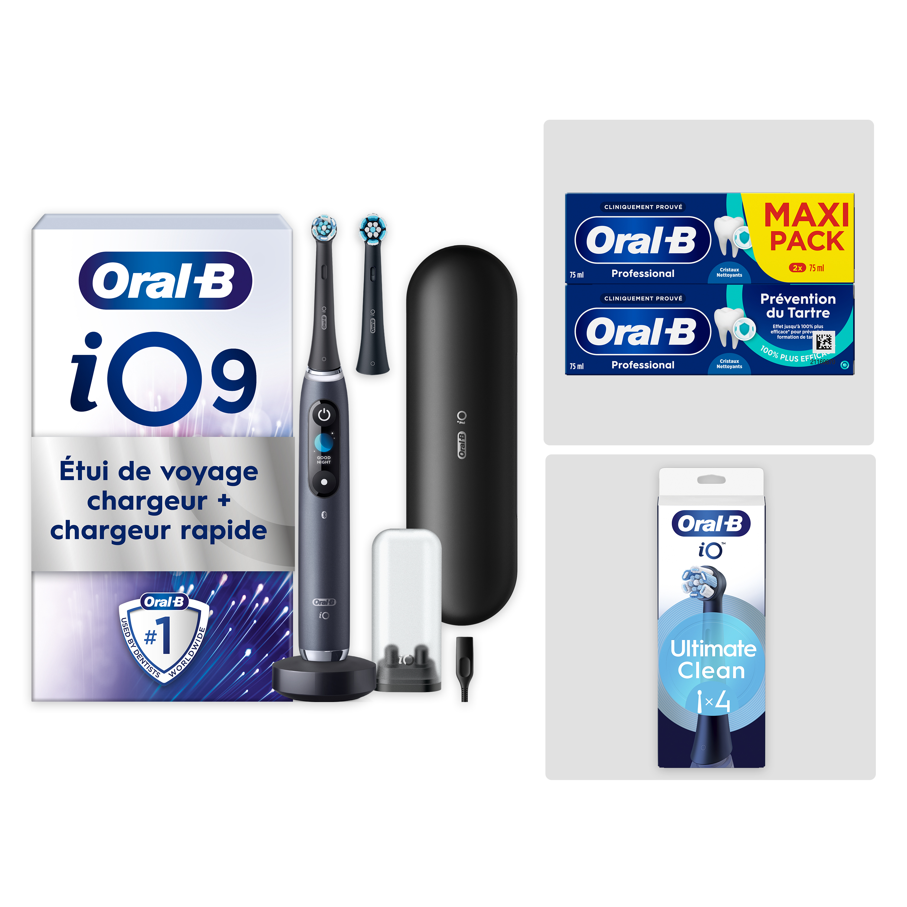Pack Oral-B iO9 Noire - Nettoyage Intense avec : 1 brosse à dents électrique + 2 dentifrices + 4 brossettes + 1 étui de voyage