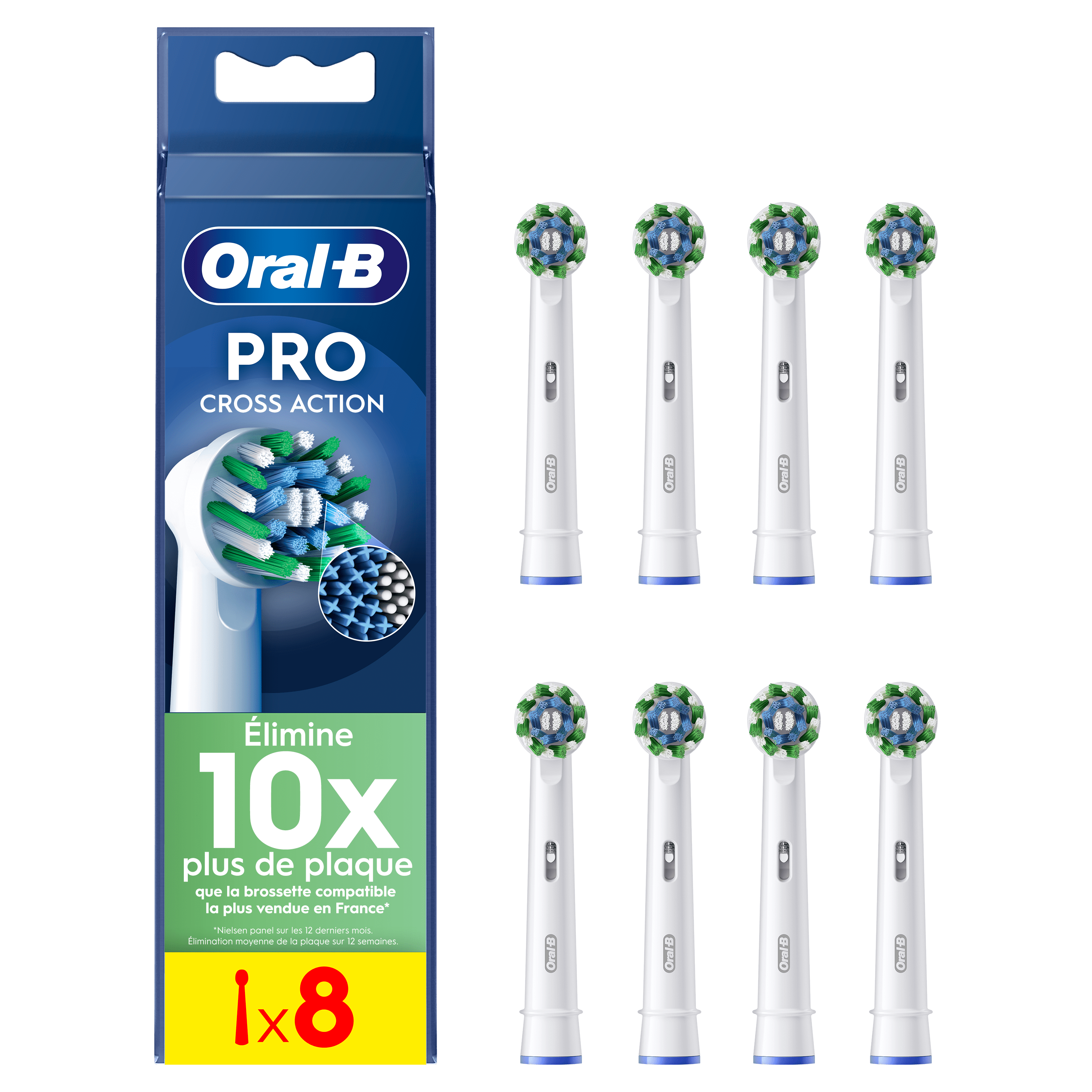 Oral-B Pro Cross Action, pack de 8 brossettes, affirmant éliminer 10x plus de plaque que la brossette compatible la plus vendue en France.
