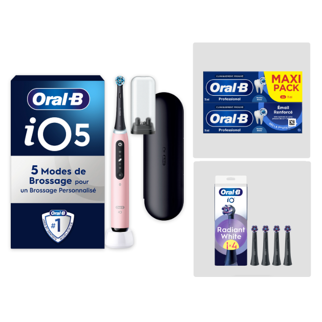 Oral-B iO5 Rose - Pack Blancheur avec : 1 brosse à dents électrique + 2 dentifrices + 4 brossettes + 1 étui de voyage