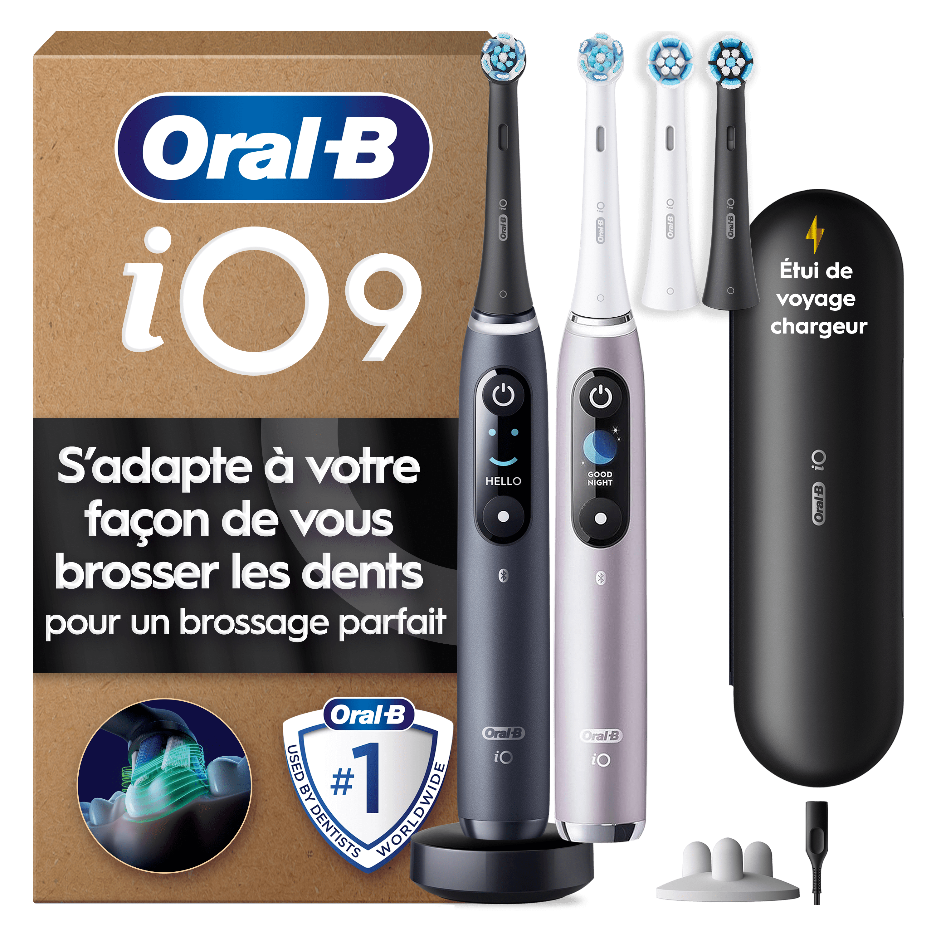 Brosse à dents électrique Oral-B iO9 | Pack de 2 | Noire et Rose | 4 brossettes | Chargeur magnétique rapide | Étui de voyage avec chargeur | Porte-brossettes