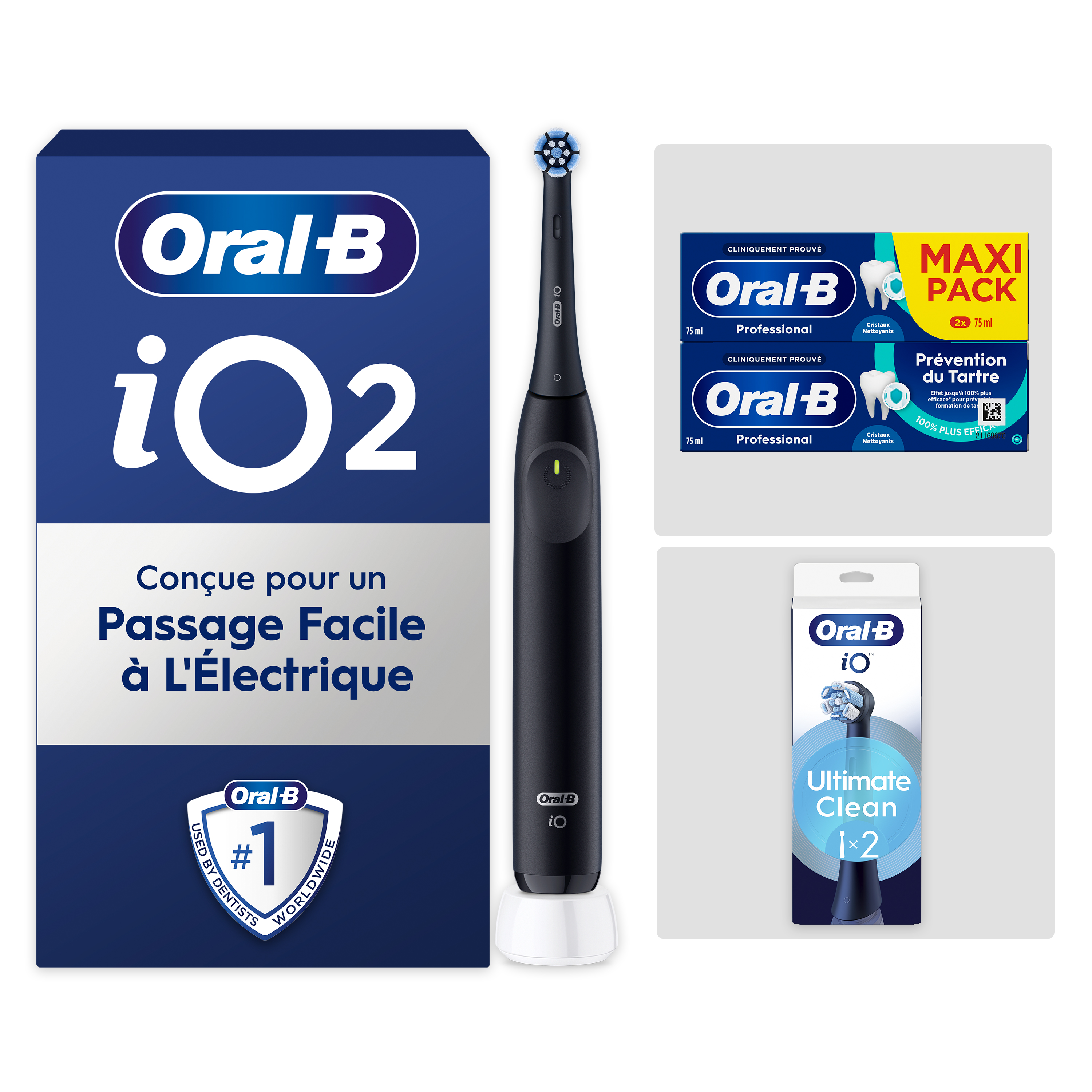 Pack Oral-B iO2 Noire - Nettotage Intense avec : 1 brosse à dents électrique + 2 dentifrices + 2 brossettes