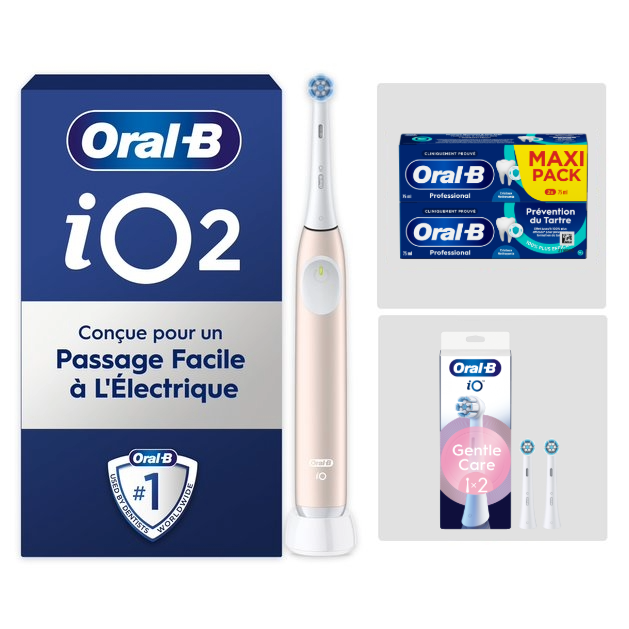 Pack Oral-B iO2 Rose - Sensibilité avec : 1 brosse à dents électrique + 2 dentifrices + 2 brossettes