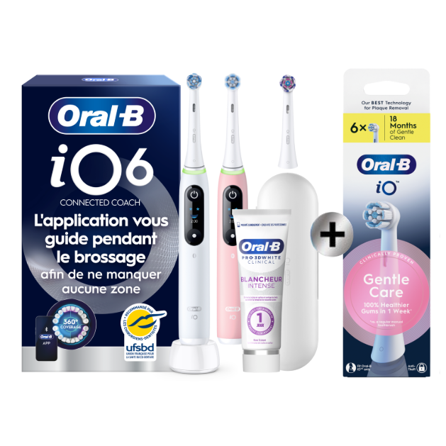Oral-B iO6 Blanche et Rose Brosses à dents électriques + 3 brossettes + Étui de voyage Premium + Oral-B 3D White…: retailer-supplied image